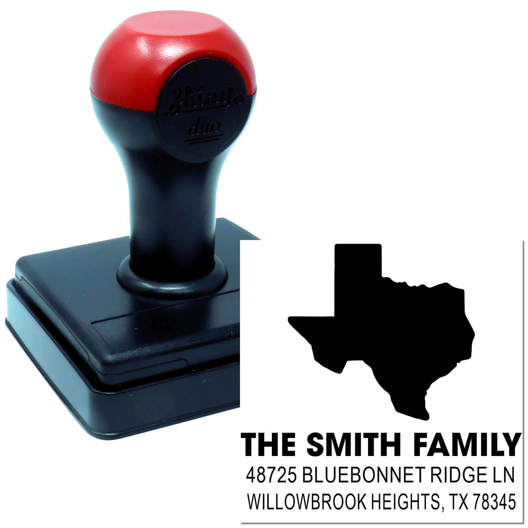 Custom self-inking address stamp with Texas silhouette for personalized family return mailing labels.