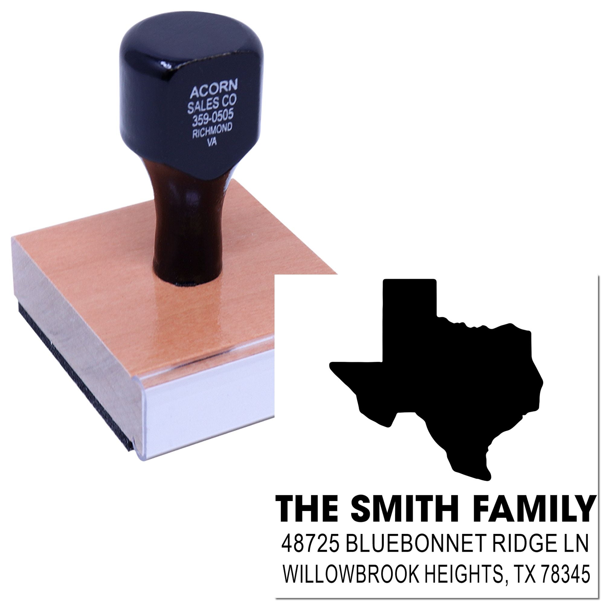 Custom Texas address rubber stamp for The Smith Family, featuring state silhouette and personalized mailing address.