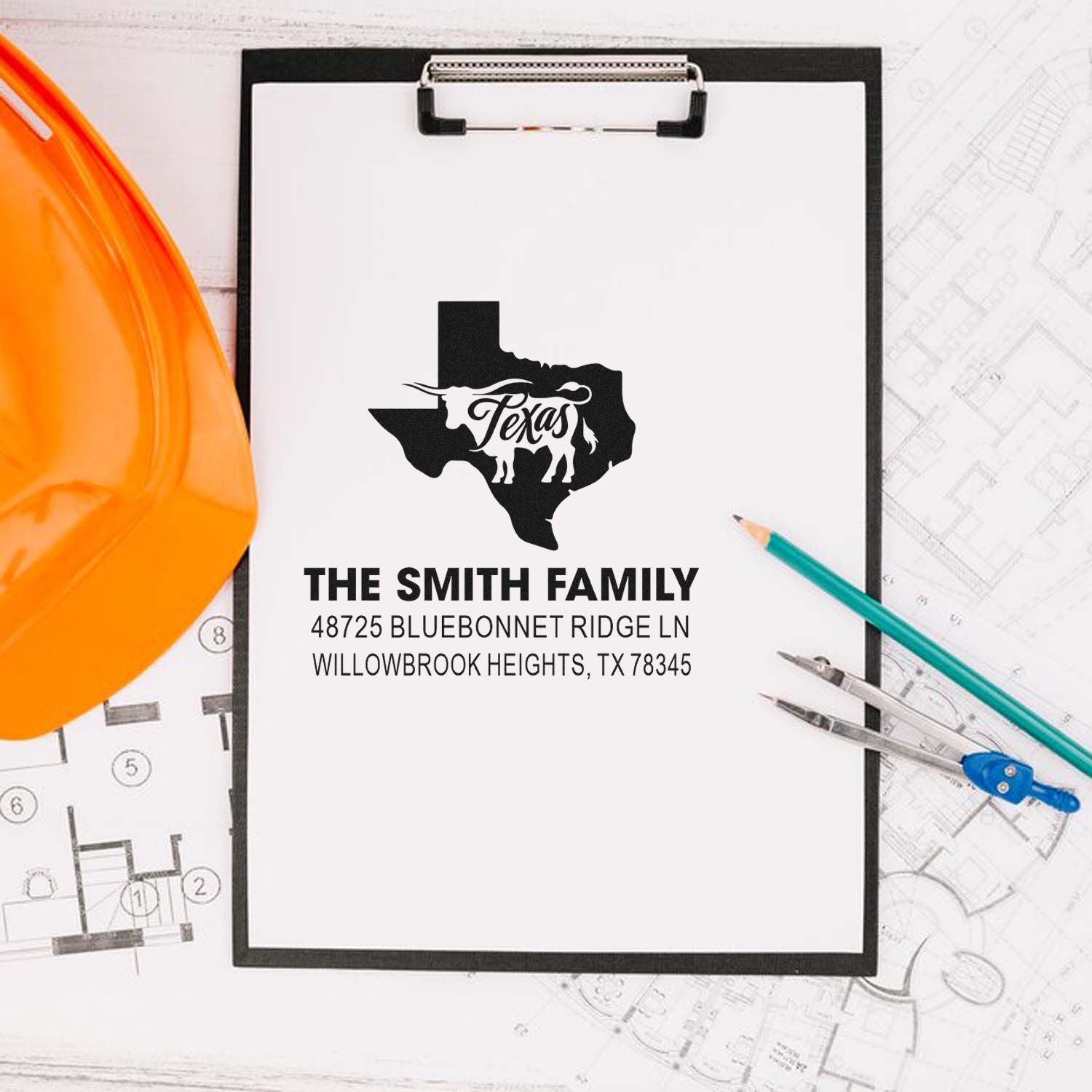 Custom rubber stamp design with Texas longhorn and family name address, shown on a clipboard with blueprints and construction tools