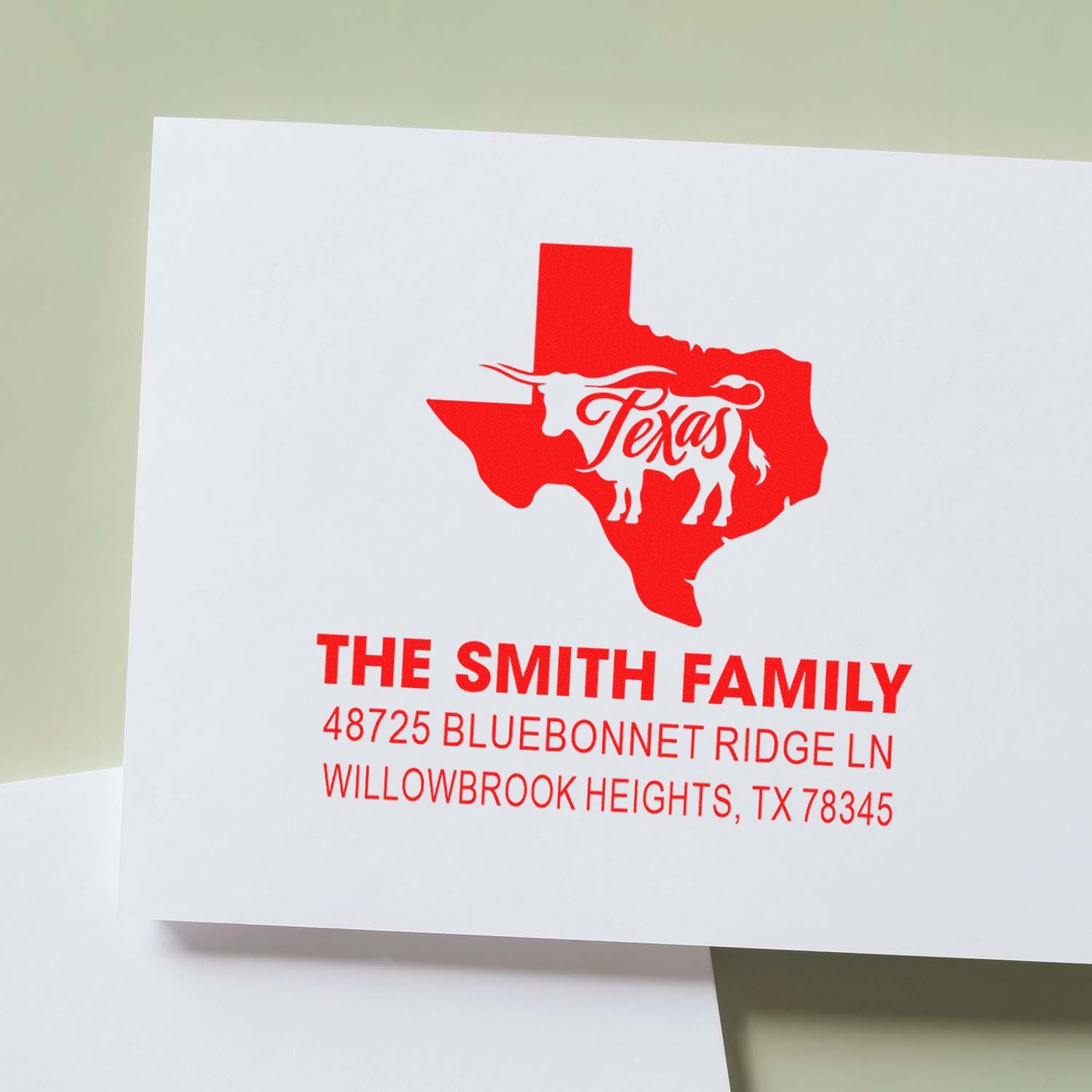 Custom Texas family return address rubber stamp with bull silhouette for The Smith Family, Willowbrook Heights, TX
