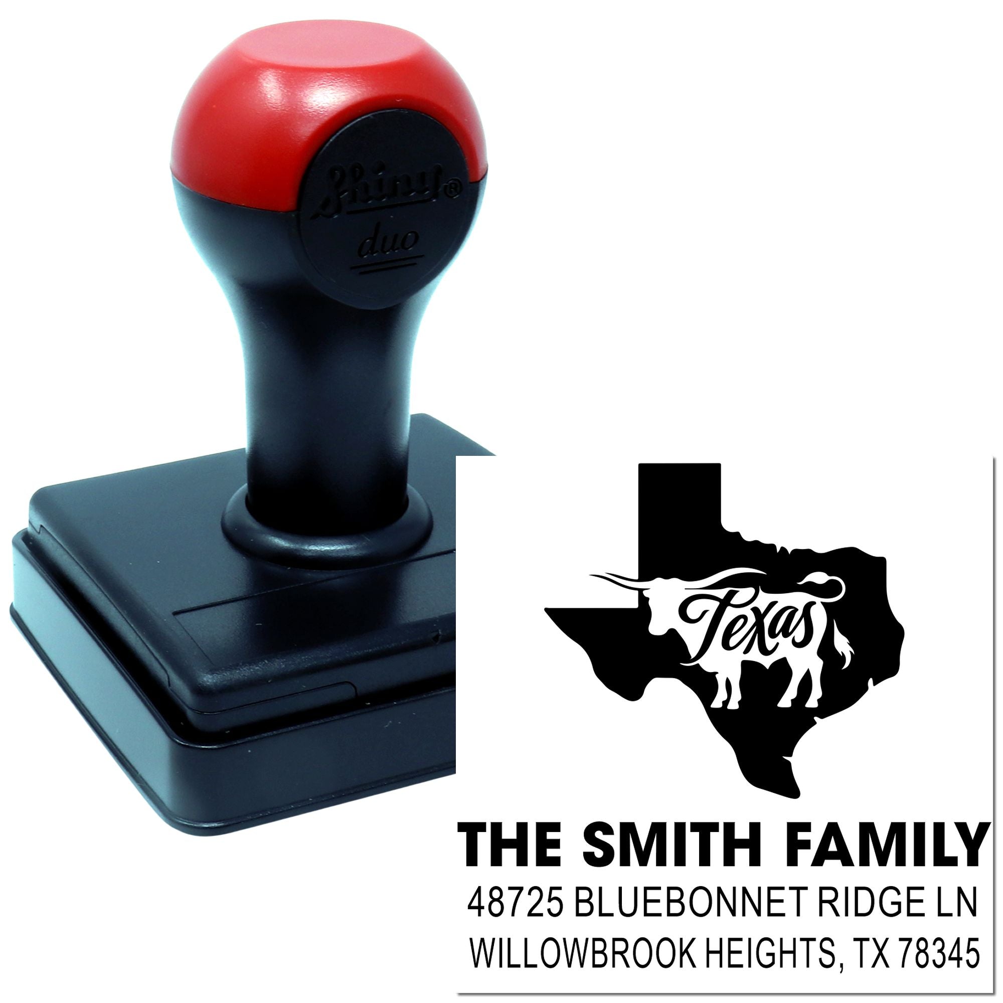Custom self-inking rubber address stamp with Texas design for The Smith Family mailing and return-address use