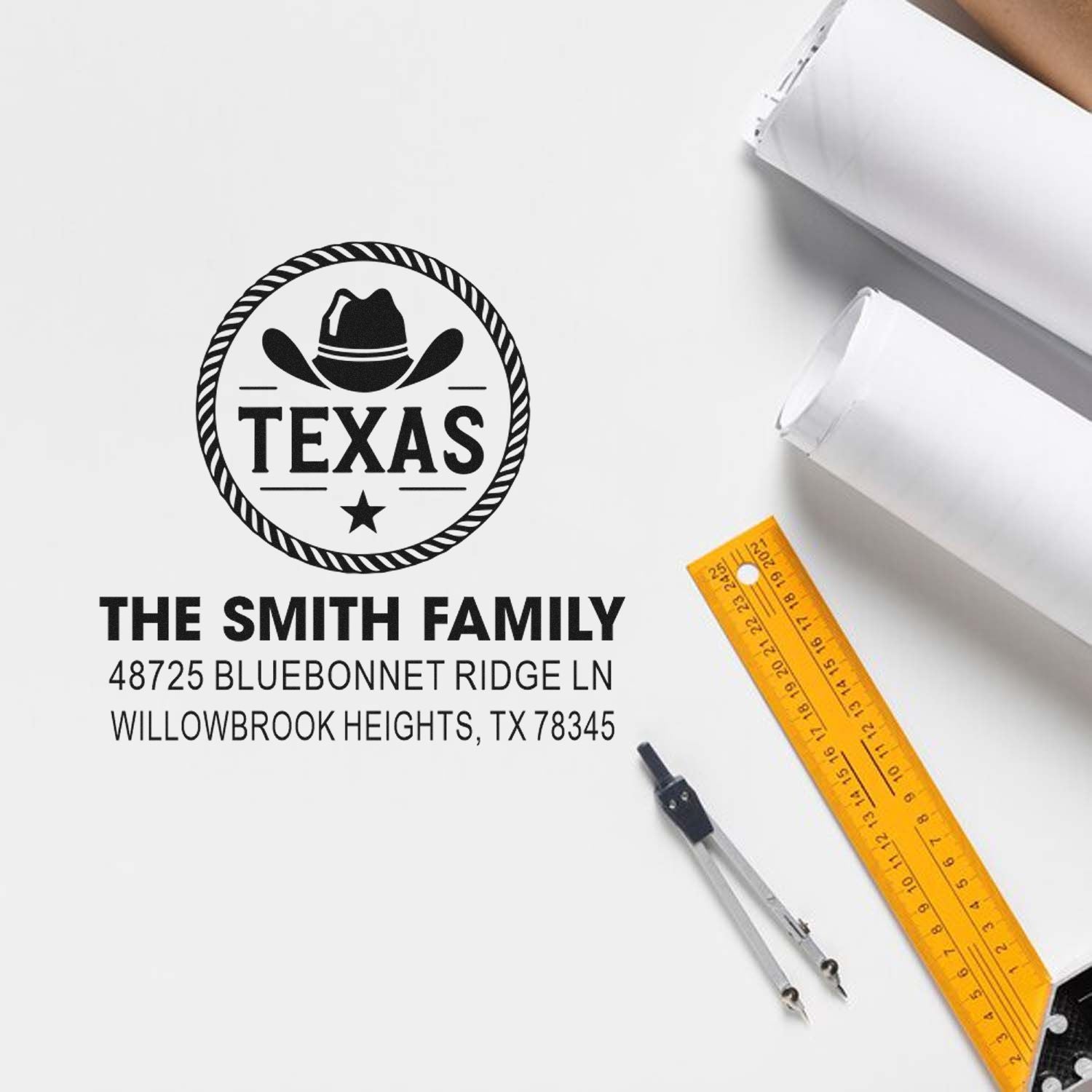 Custom Texas address rubber stamp with cowboy hat logo for The Smith Family, featuring name and Willowbrook Heights, TX address.