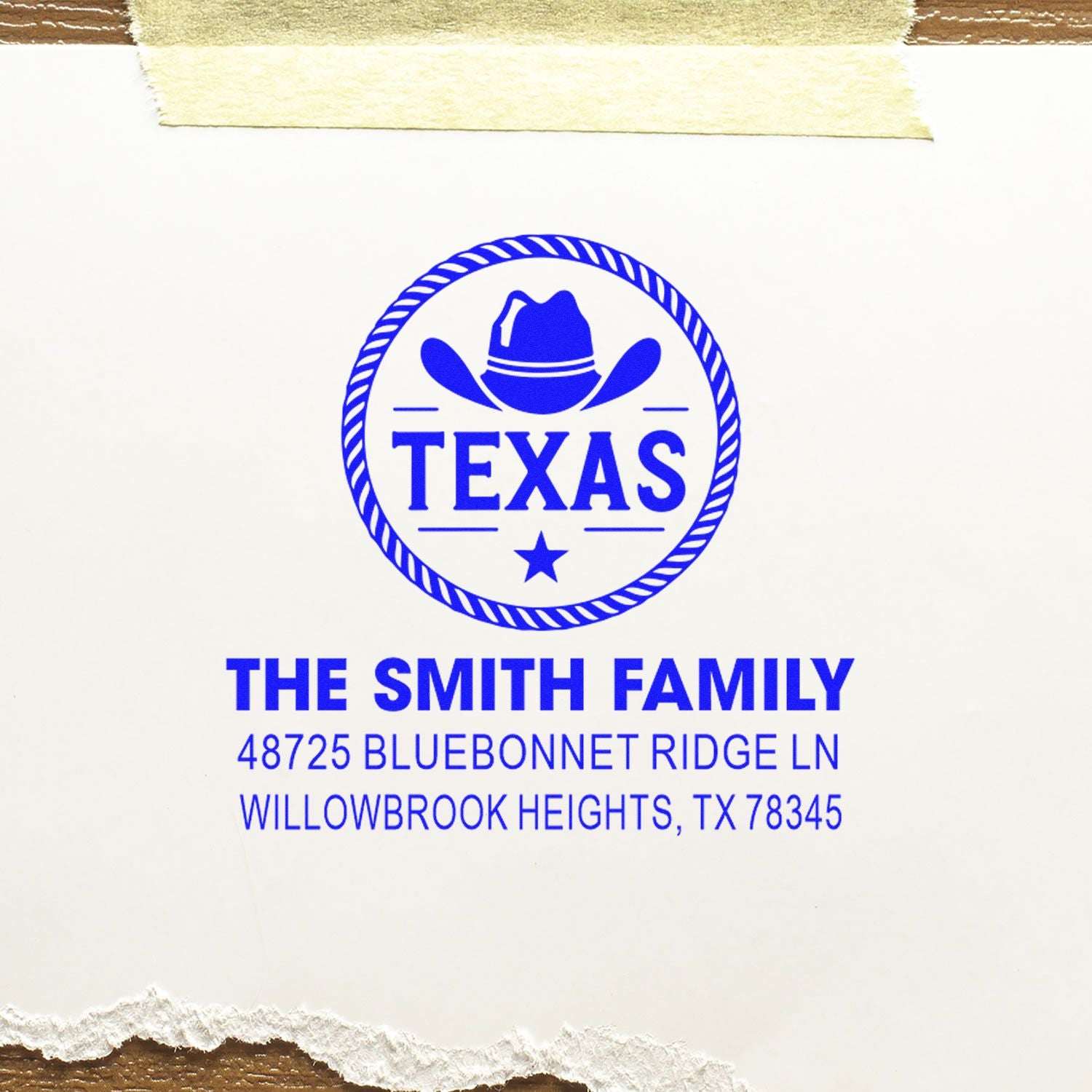 Custom Texas rubber address stamp for The Smith Family, with cowboy hat design and Willowbrook Heights, TX address.