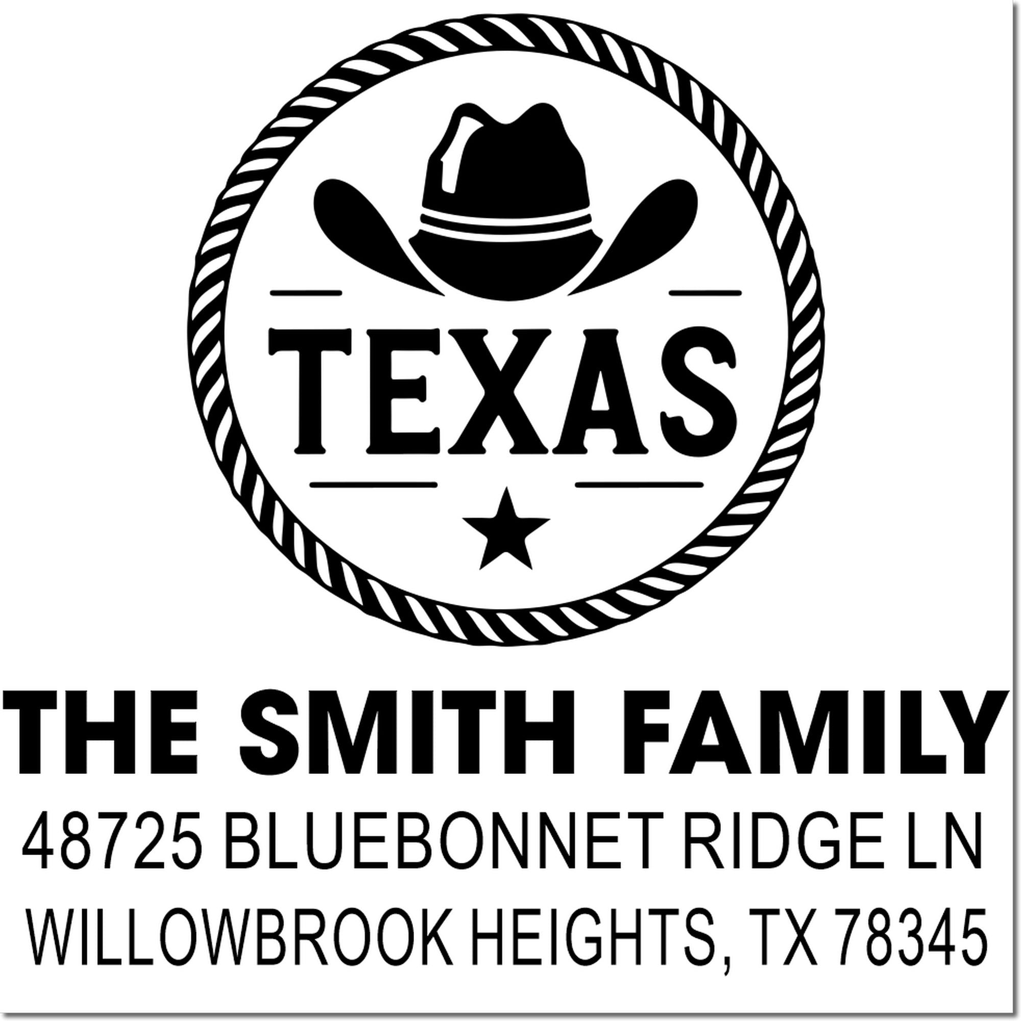 Custom Texas family return address rubber stamp for The Smith Family, Willowbrook Heights, TX 78345.