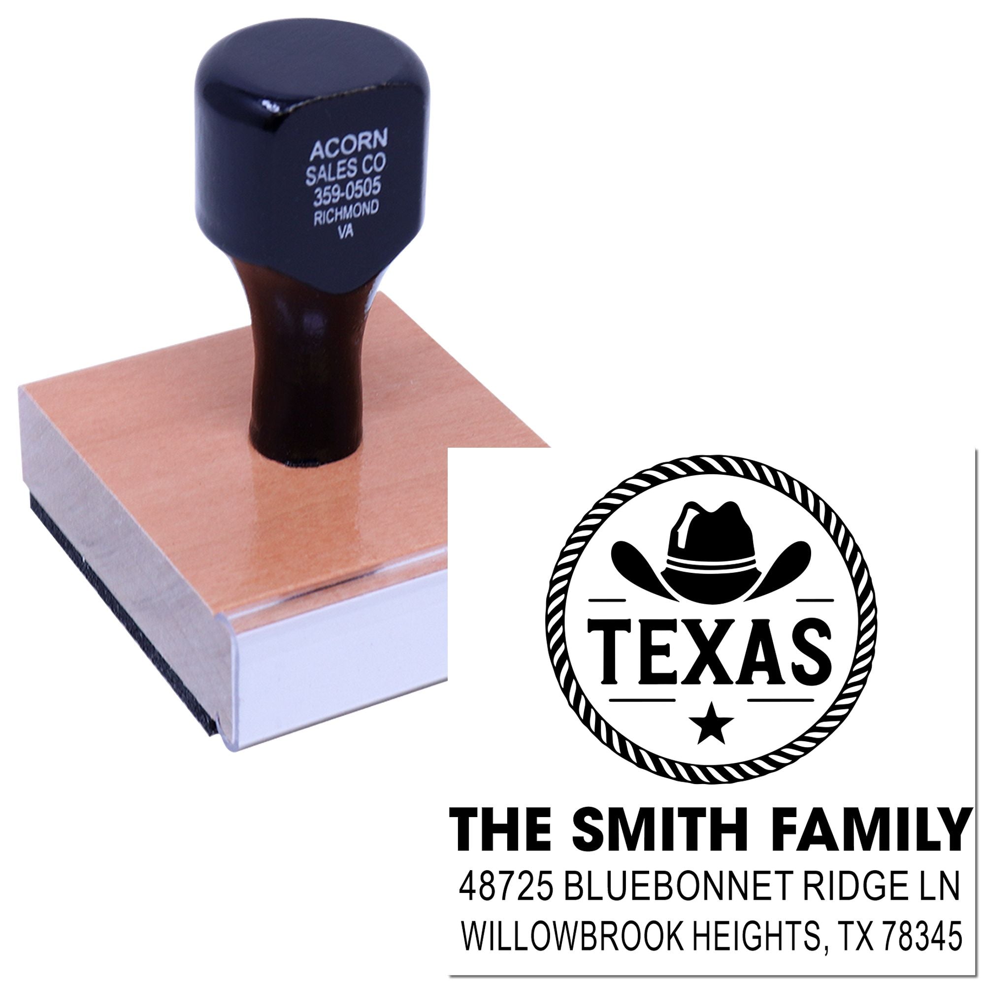 Custom Texas family address rubber stamp with cowboy logo, name, and mailing address imprint.