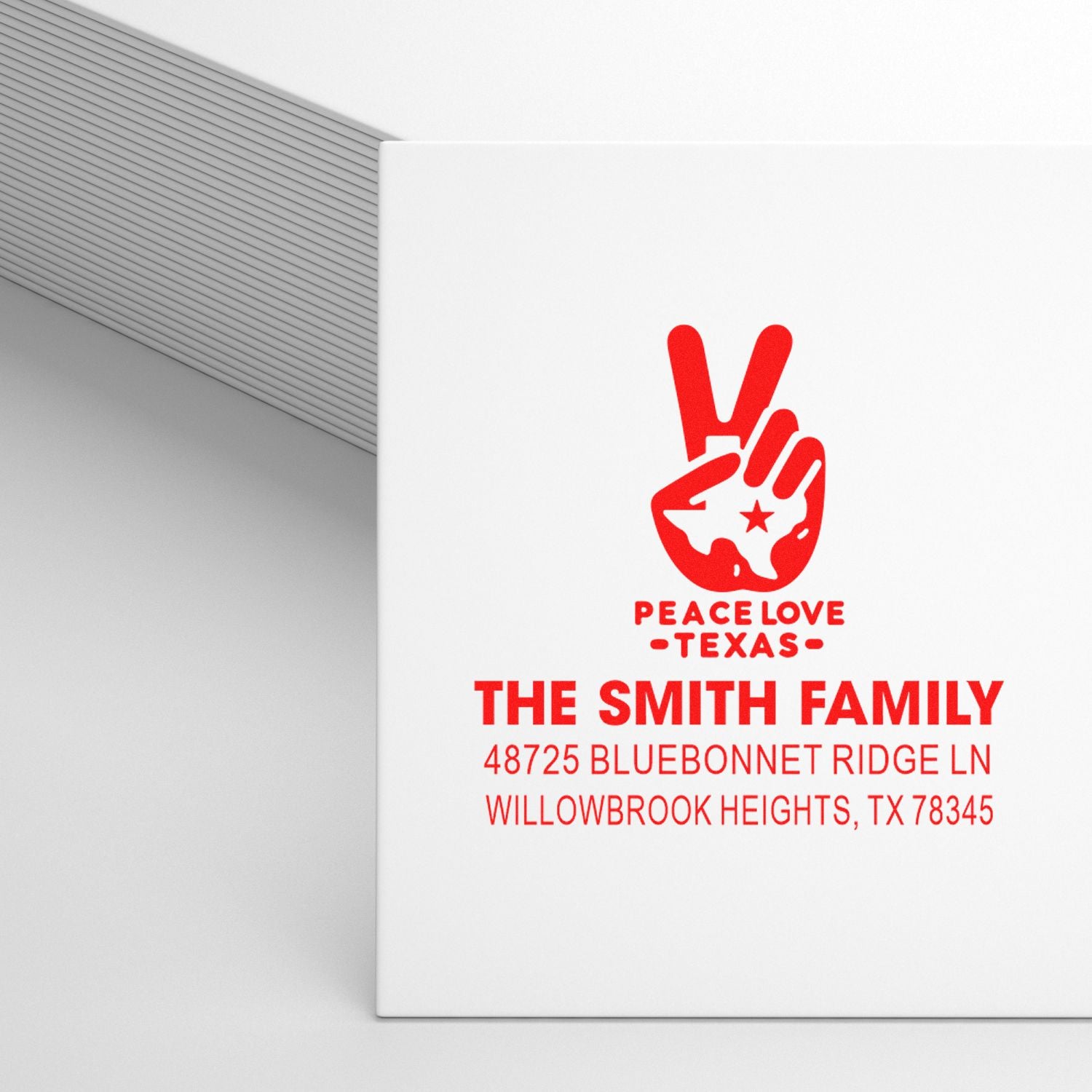 Personalized return address rubber stamp with Peace Love Texas design for The Smith Family in Willowbrook Heights, TX.