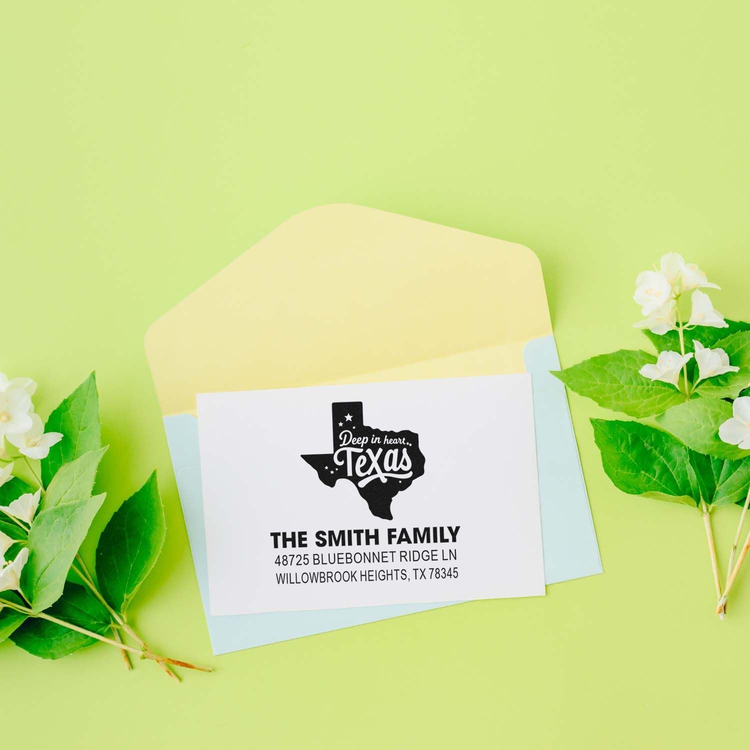 Custom Texas return address rubber stamp for family mail, featuring a personalized Smith family address design.