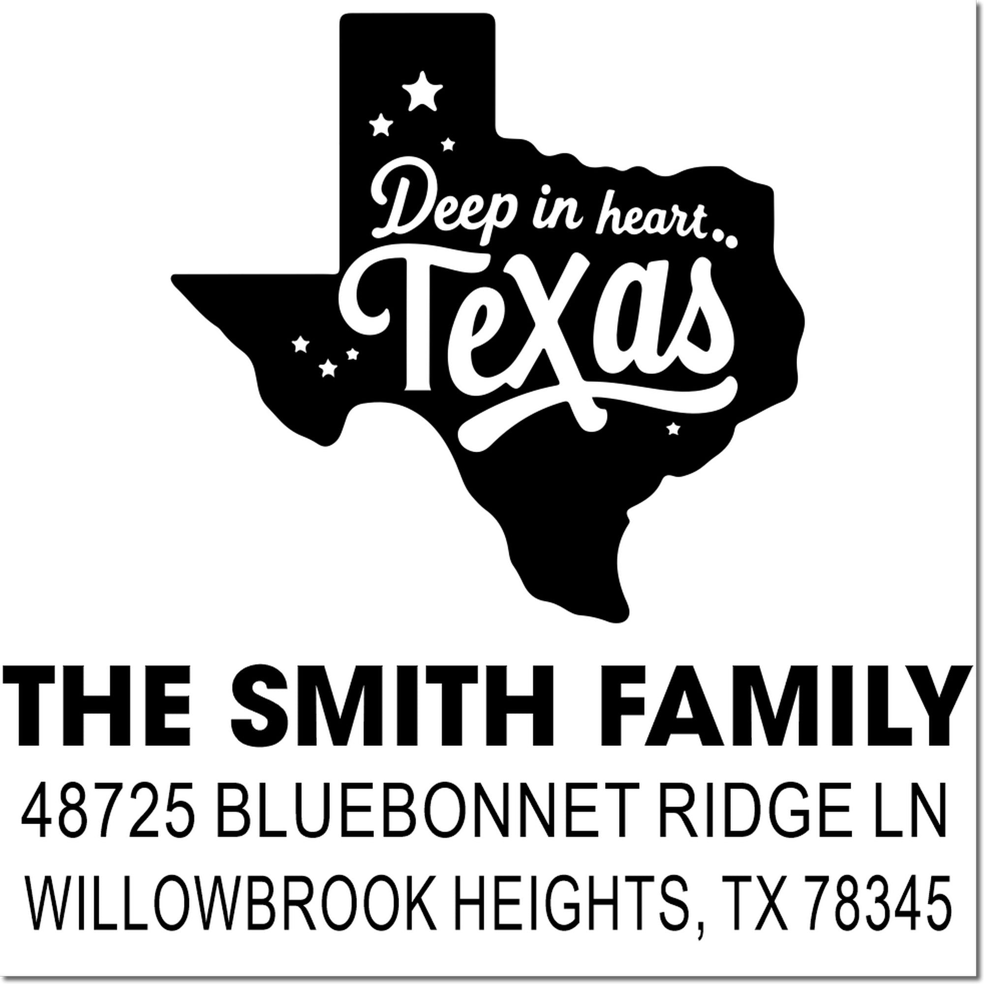 Texas return address rubber stamp with "Deep in the Heart of Texas," Smith family name, and Willowbrook Heights address.