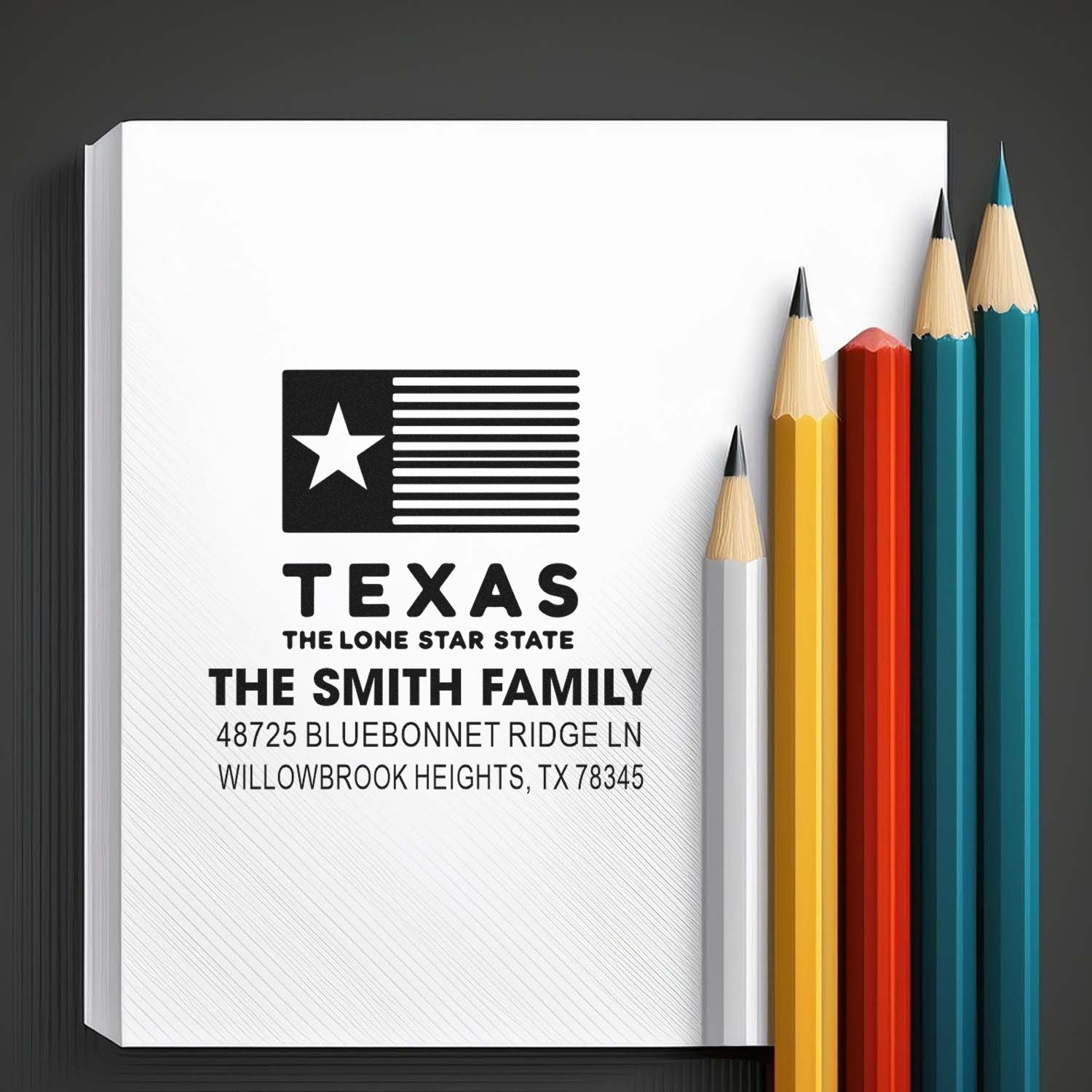 Custom Texas return address rubber stamp for The Smith Family stationery, featuring Lone Star State design for envelopes.