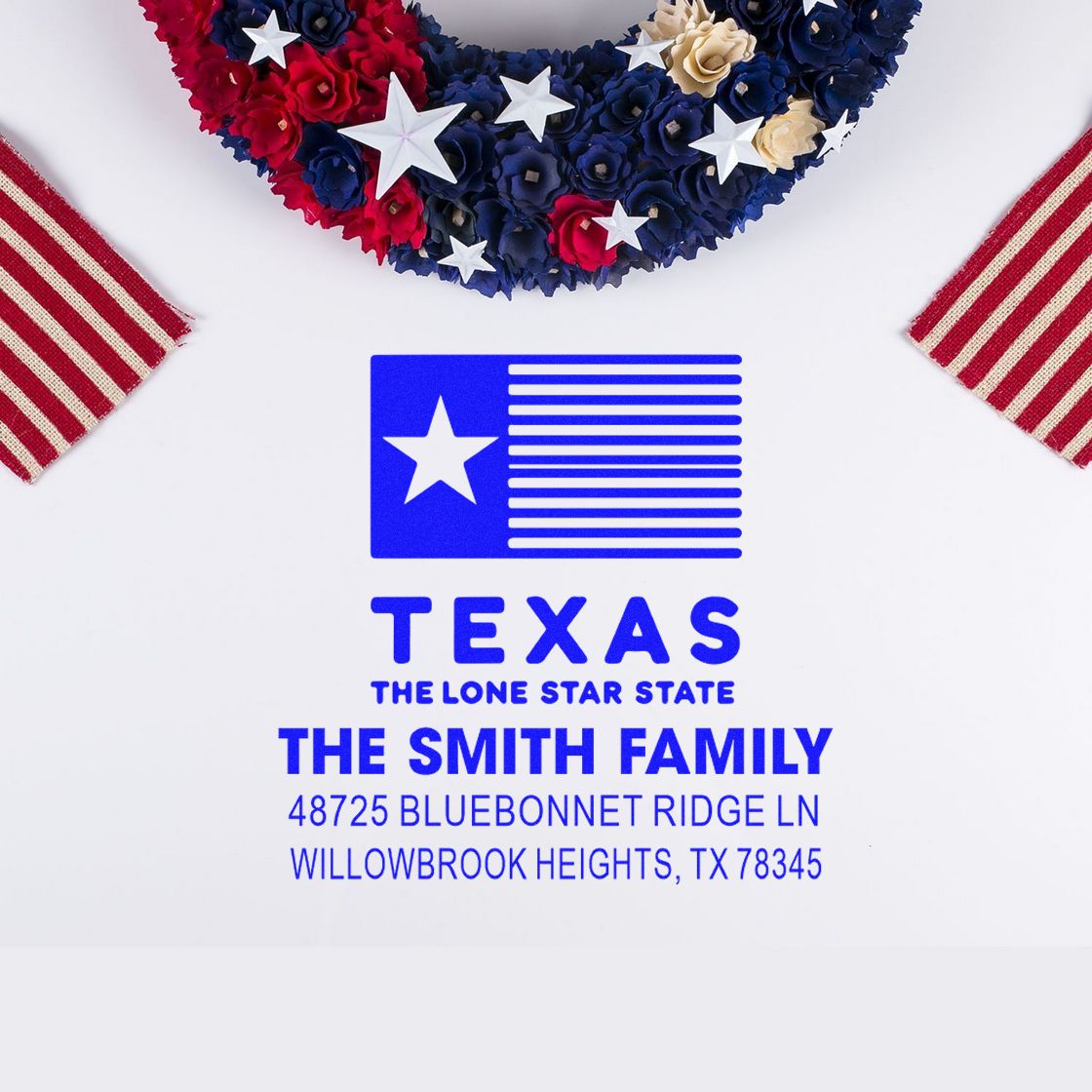 Custom Texas return address rubber stamp for The Smith Family with Lone Star State design and address