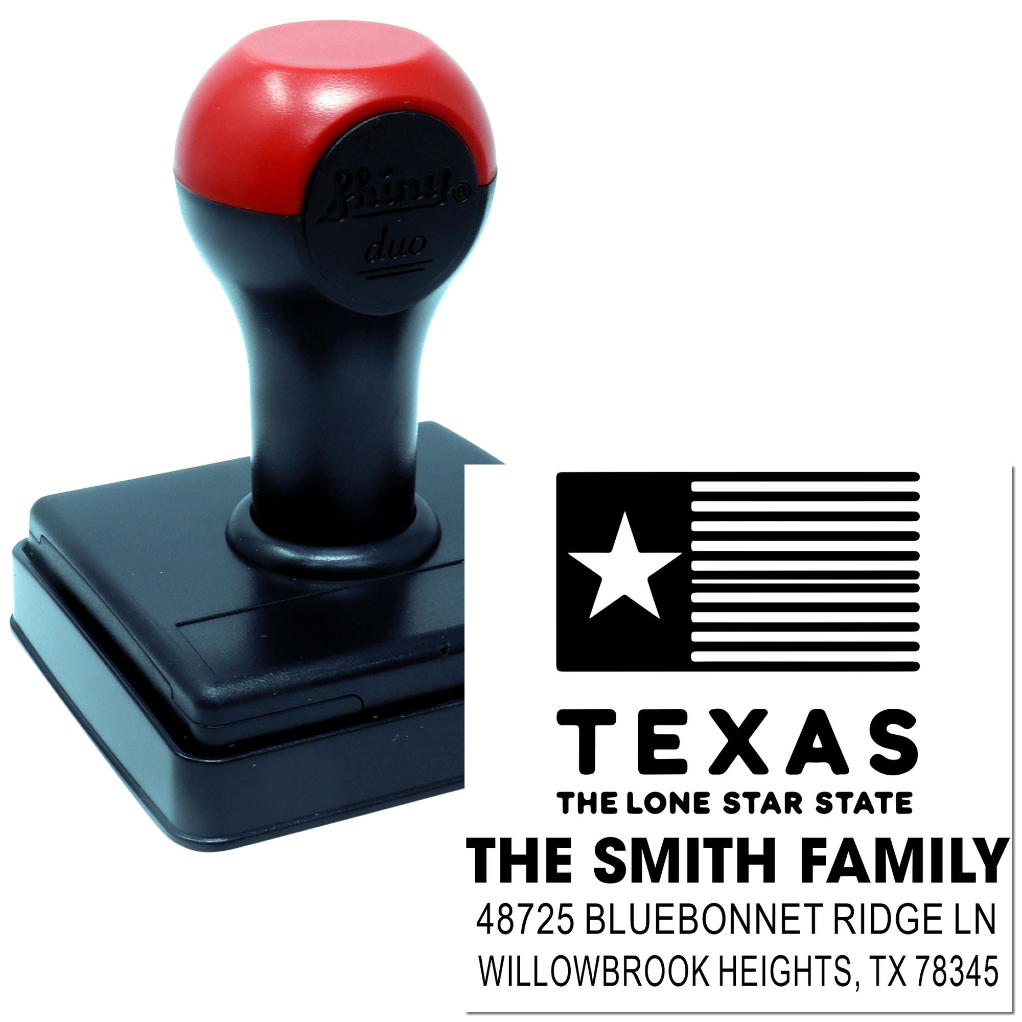 Personalized Texas self-inking rubber stamp with Lone Star design, family name, and return address.