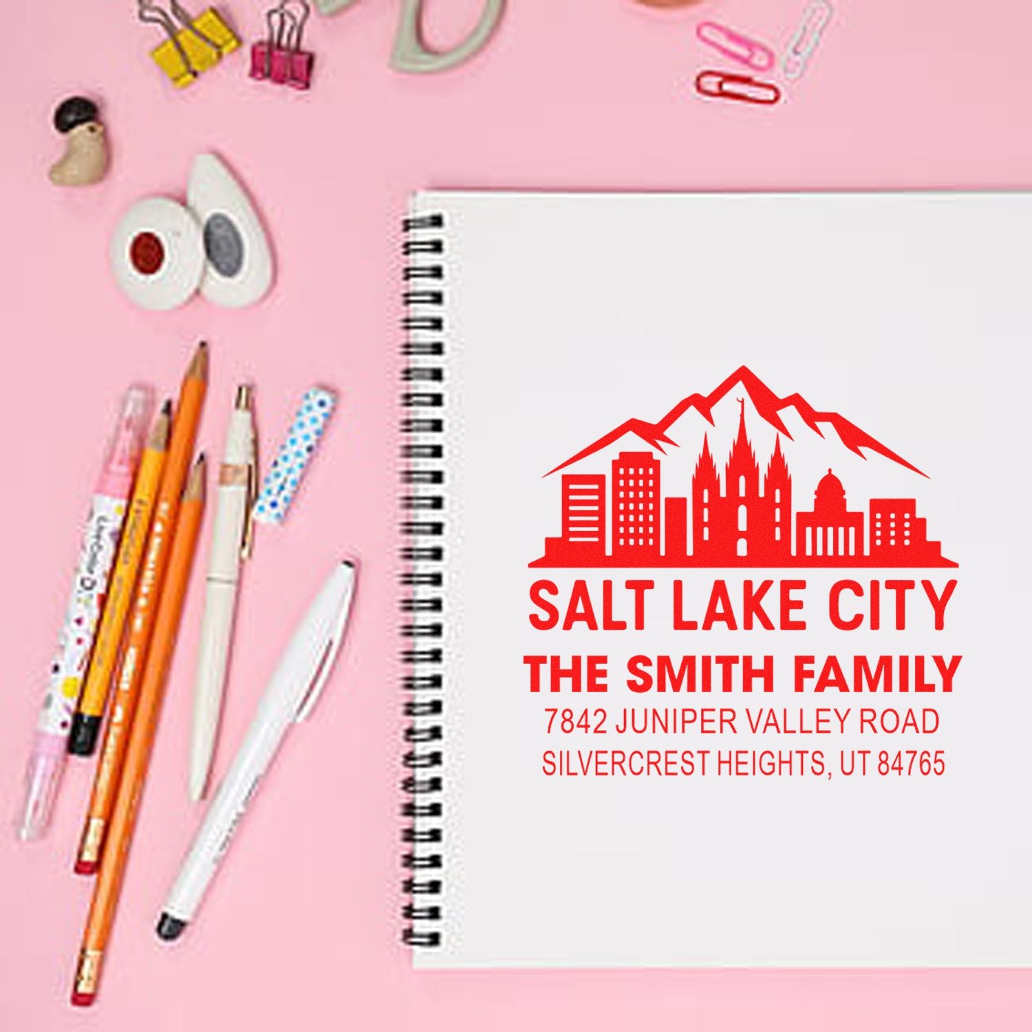 Personalized Salt Lake City address rubber stamp for The Smith Family, featuring a custom skyline design and mailing address.