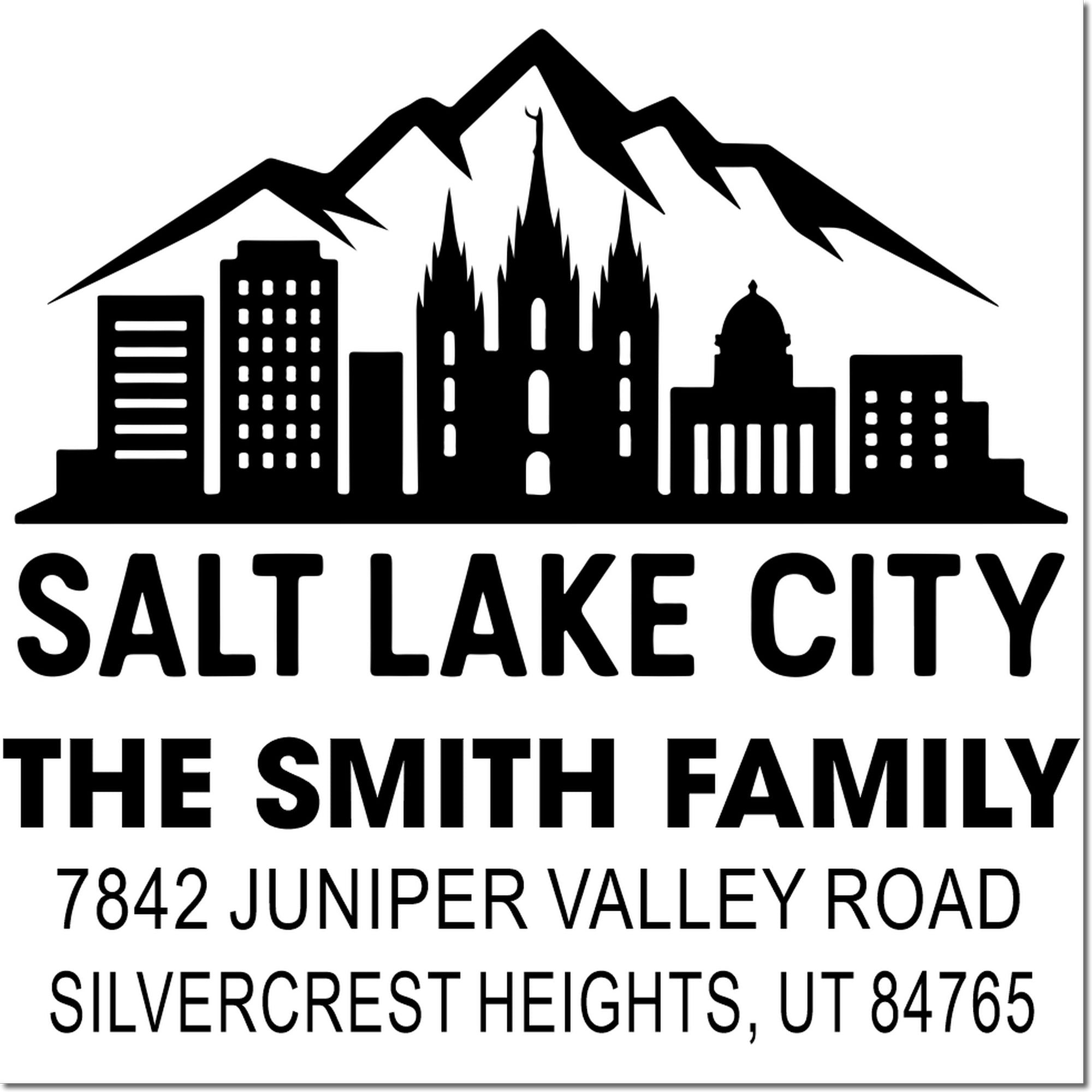 Custom Salt Lake City return address stamp with skyline for The Smith Family, Juniper Valley Road, Silvercrest Heights, UT 84765