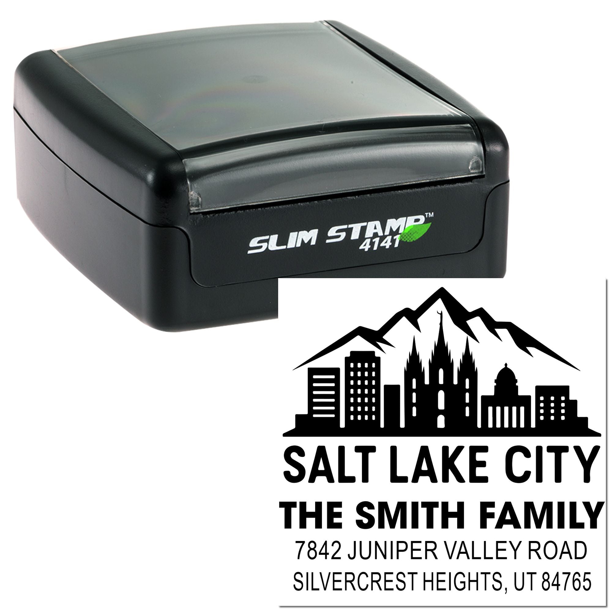 Slim Stamp 4141 custom self-inking rubber stamp with Salt Lake City family address imprint