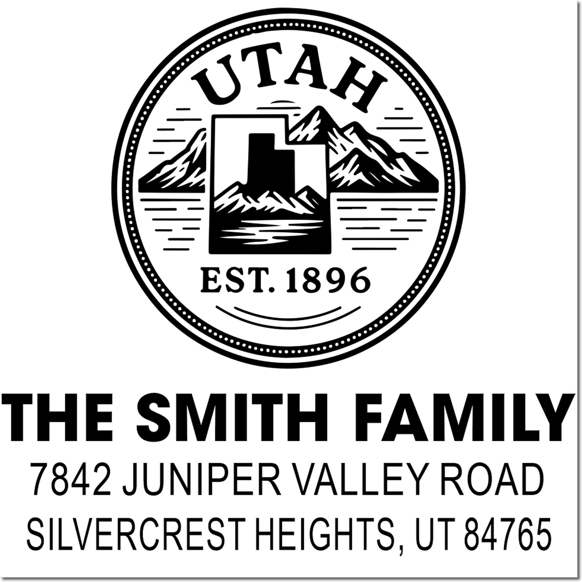 Personalized Utah return address rubber stamp for The Smith Family with mountain logo and Silvercrest Heights address.