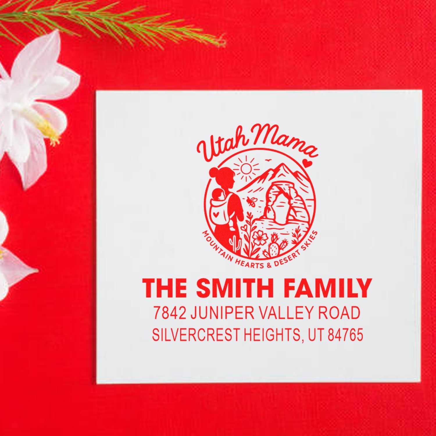 Personalized Utah family return address rubber stamp with Utah Mama mountain design for The Smith Family.