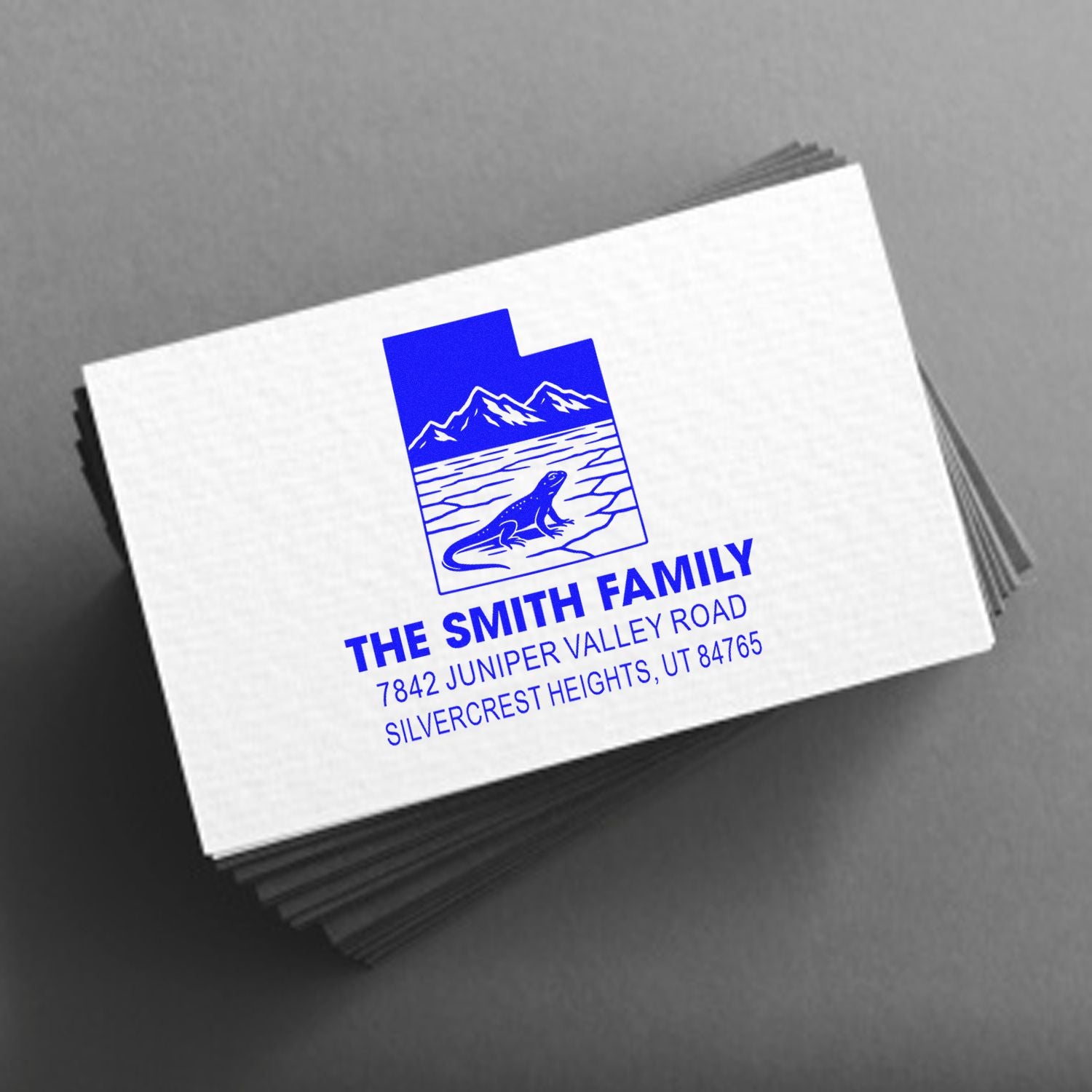 Custom family return address rubber stamp with lizard and mountain design for mail, cards, and packaging.