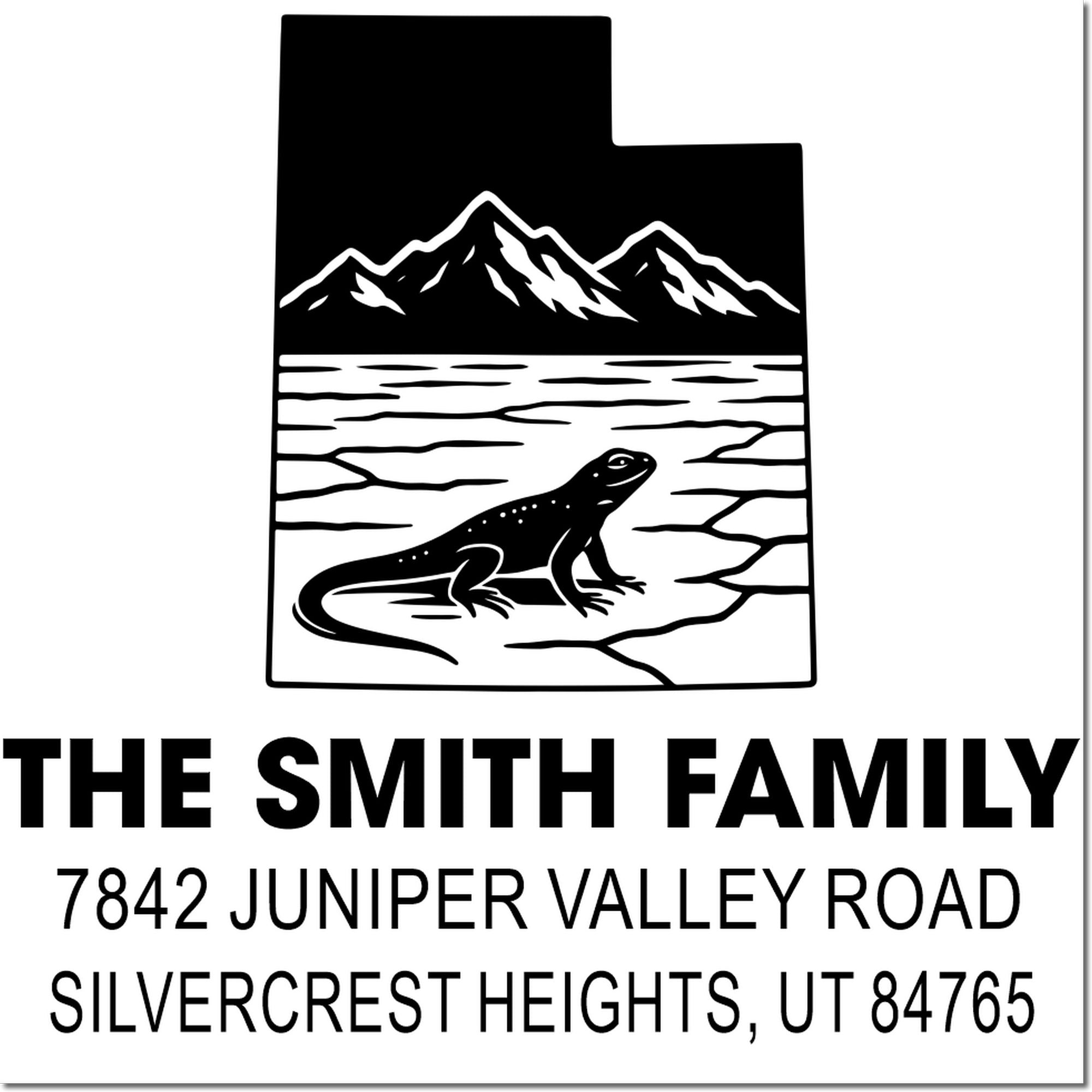 Personalized return address rubber stamp with mountain and lizard design for The Smith Family in Silvercrest Heights, Utah.