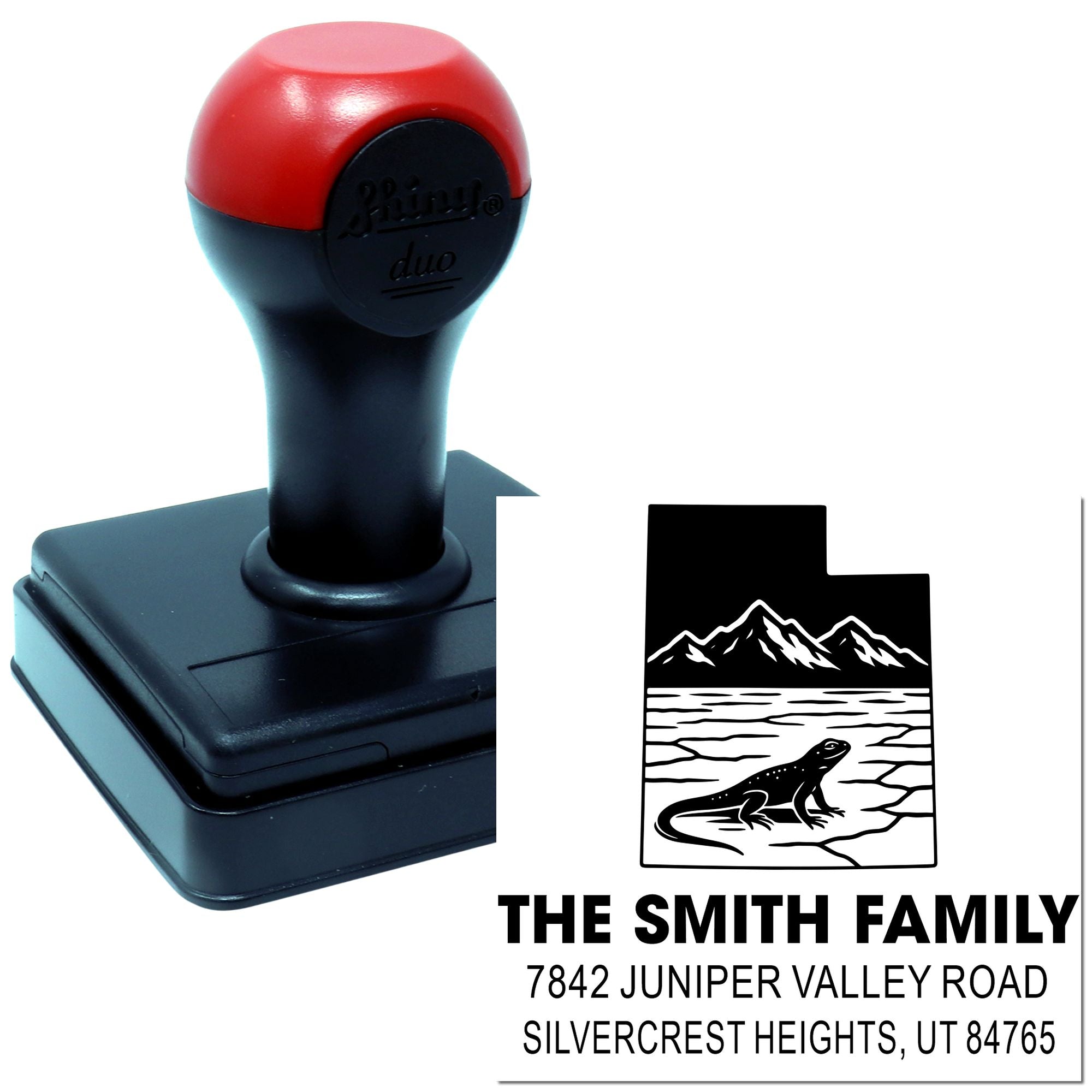 Personalized self-inking rubber address stamp with mountain design and return address for The Smith Family.