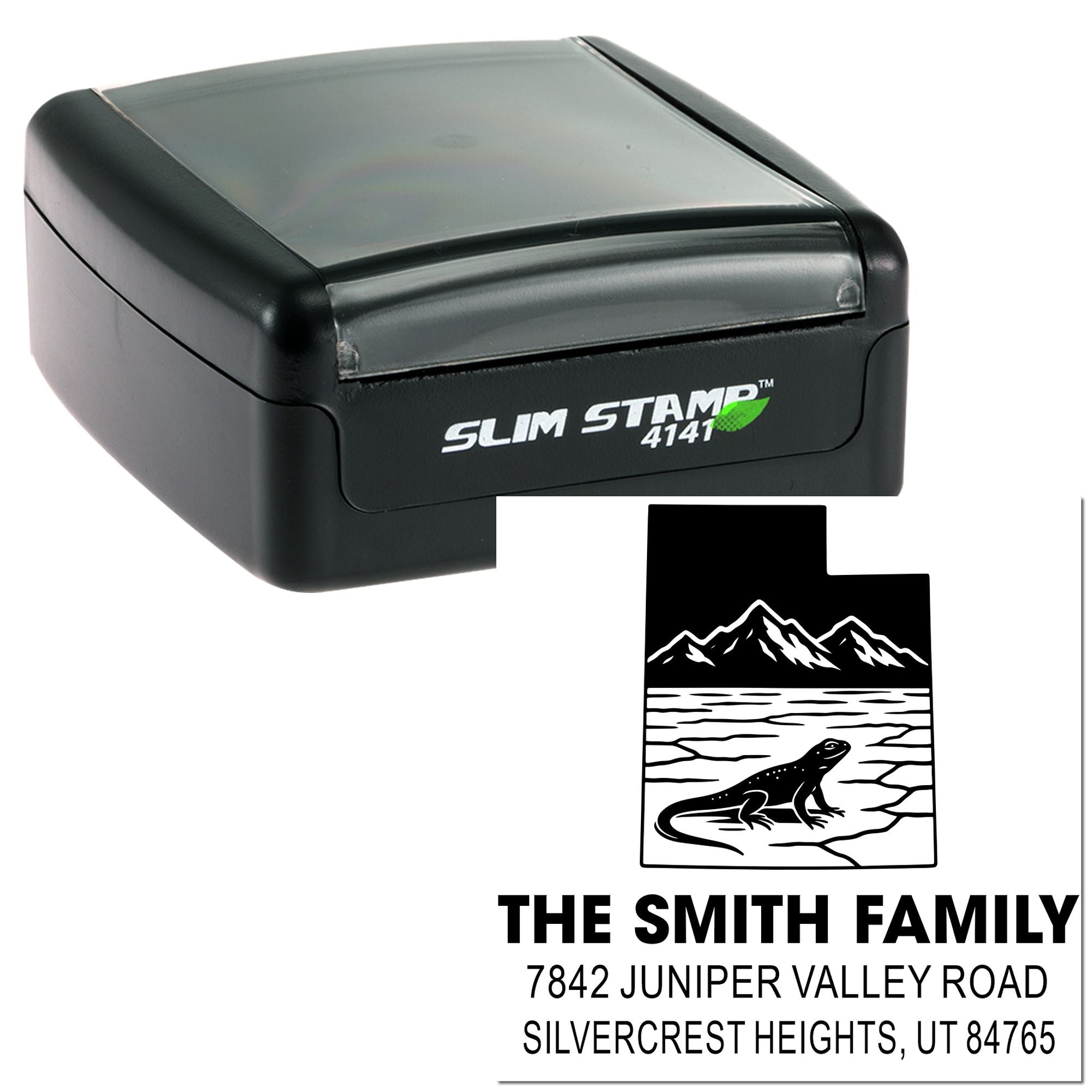 Slim Stamp 4141 self-inking custom address rubber stamp with family name, mountain, and lizard design.