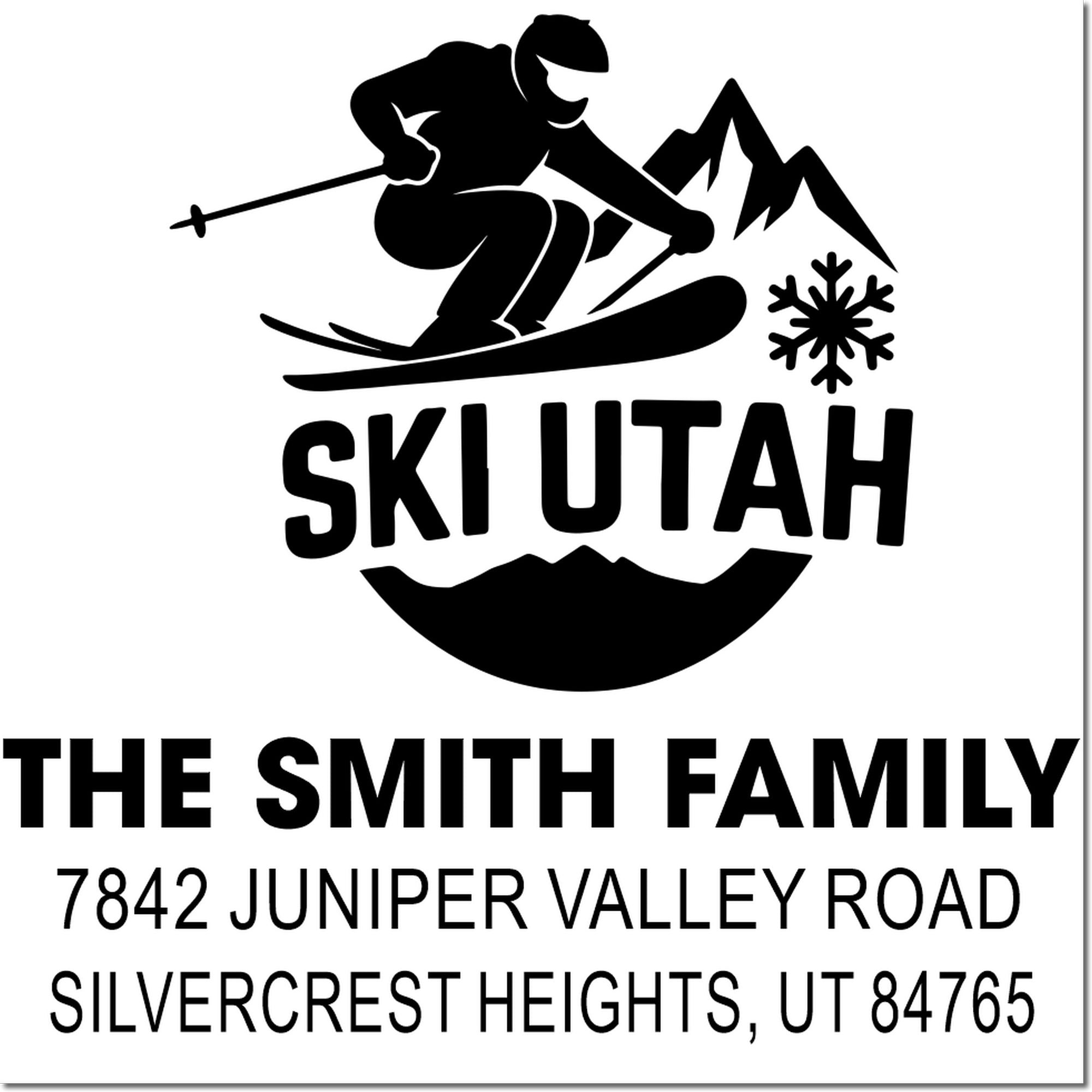 Custom Ski Utah rubber stamp with skier and mountain design, family name, and address for personalized winter mailings.