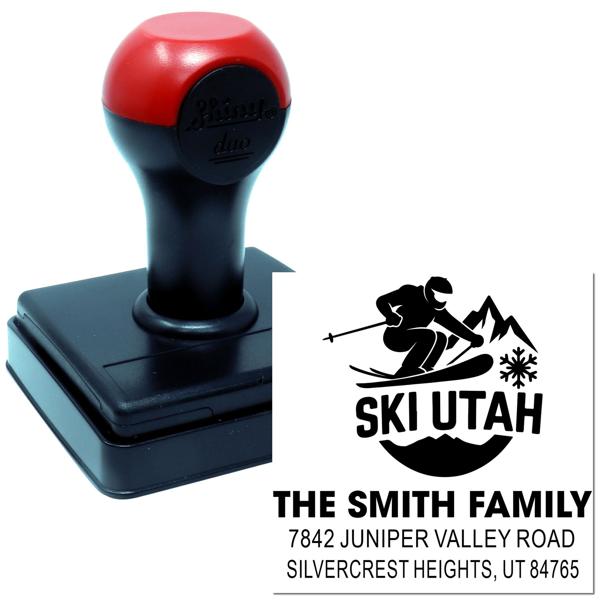 Custom ski Utah self-inking rubber stamp with family name and address for envelopes and mailings.