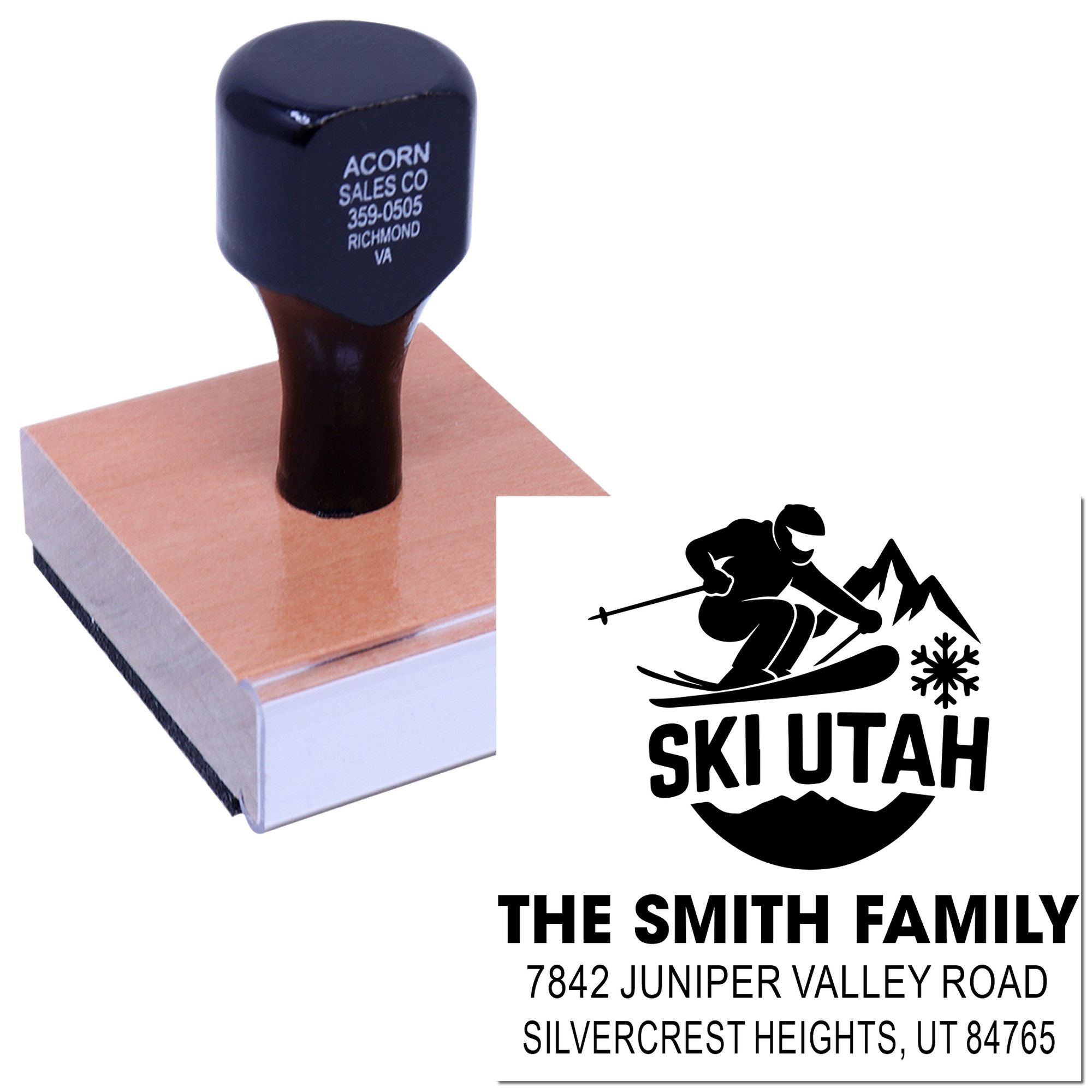 Personalized ski family address rubber stamp with skier logo and Utah return address for custom holiday mailing.