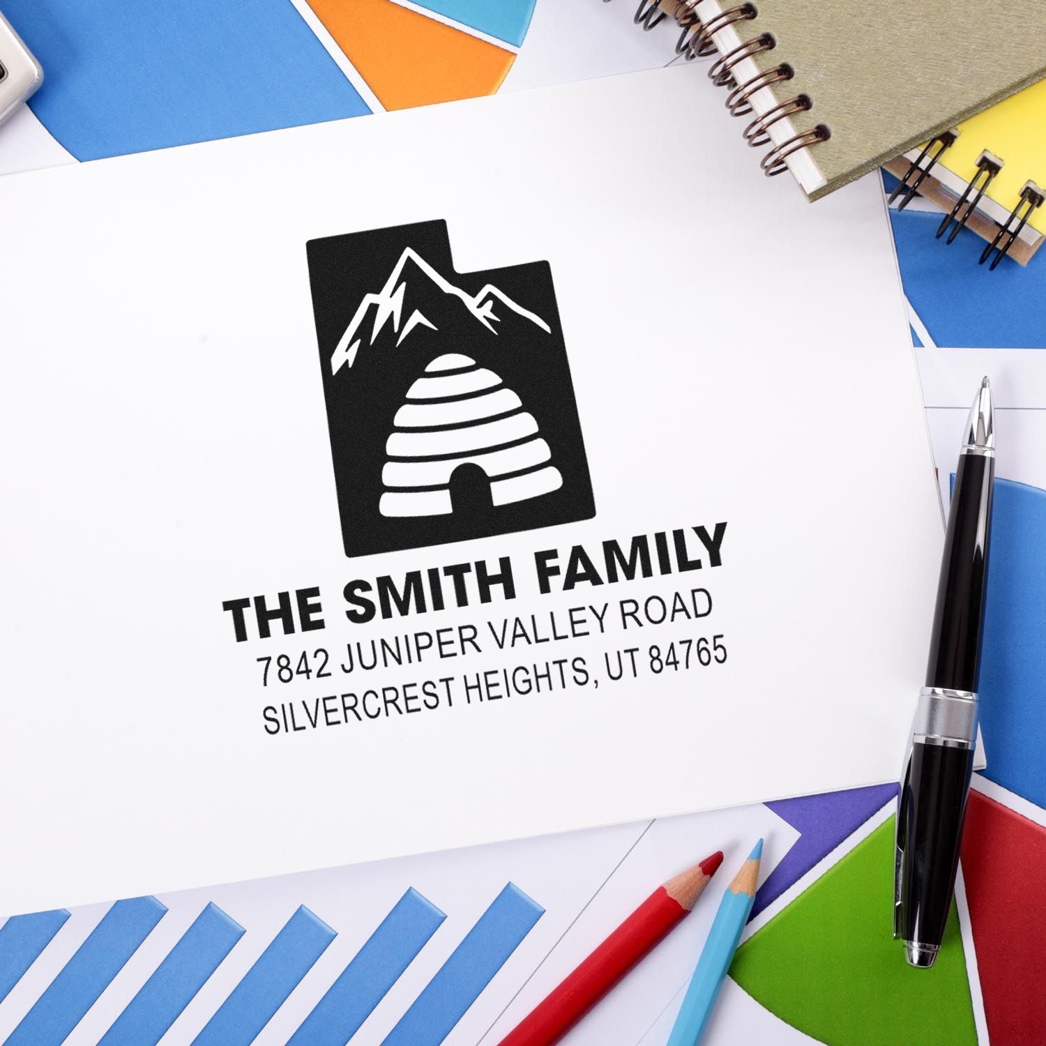 Custom rubber address stamp with The Smith Family logo, personalized return address for Silvercrest Heights, UT.