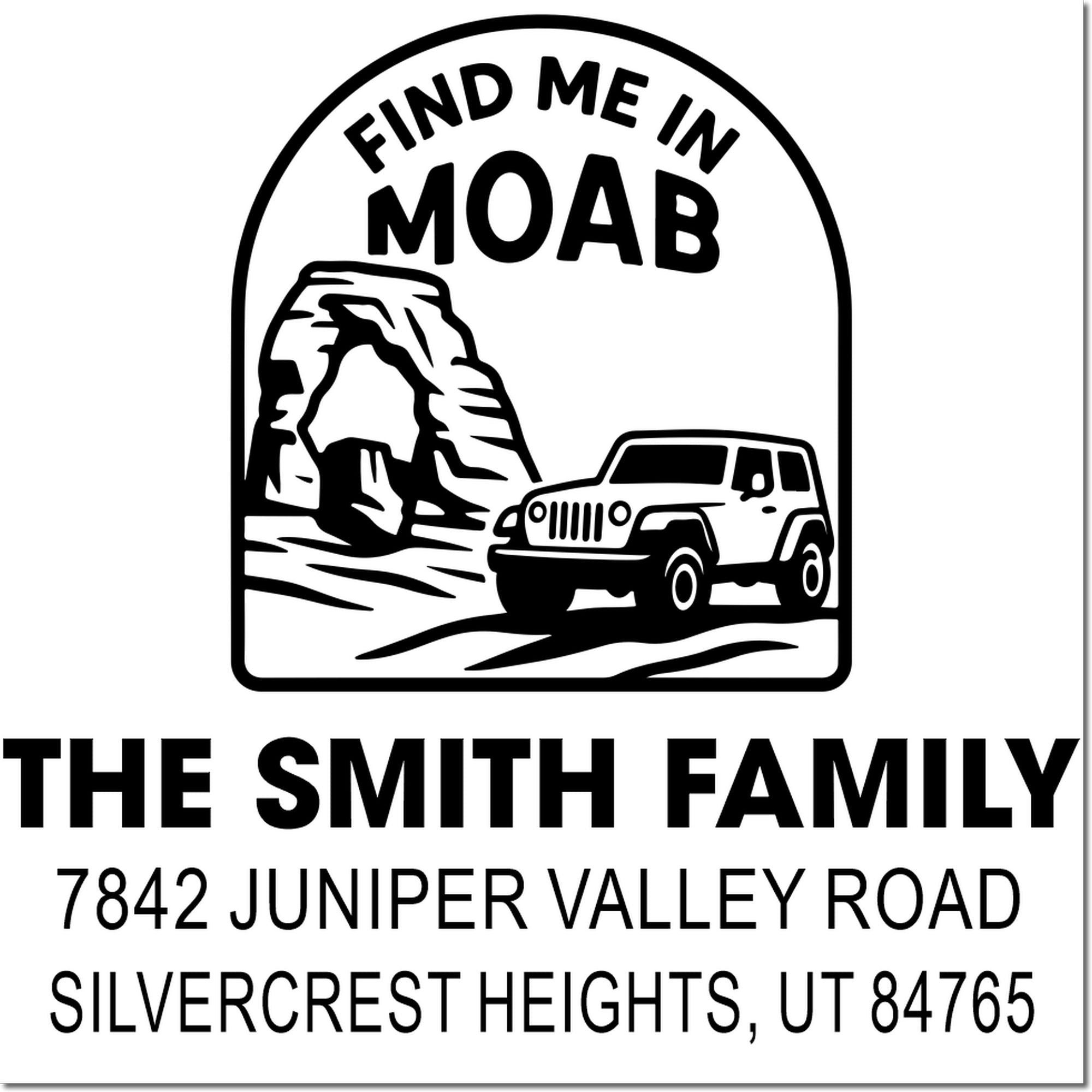Custom return address rubber stamp with Moab Jeep design for The Smith Family, 7842 Juniper Valley Road, Silvercrest Heights, UT