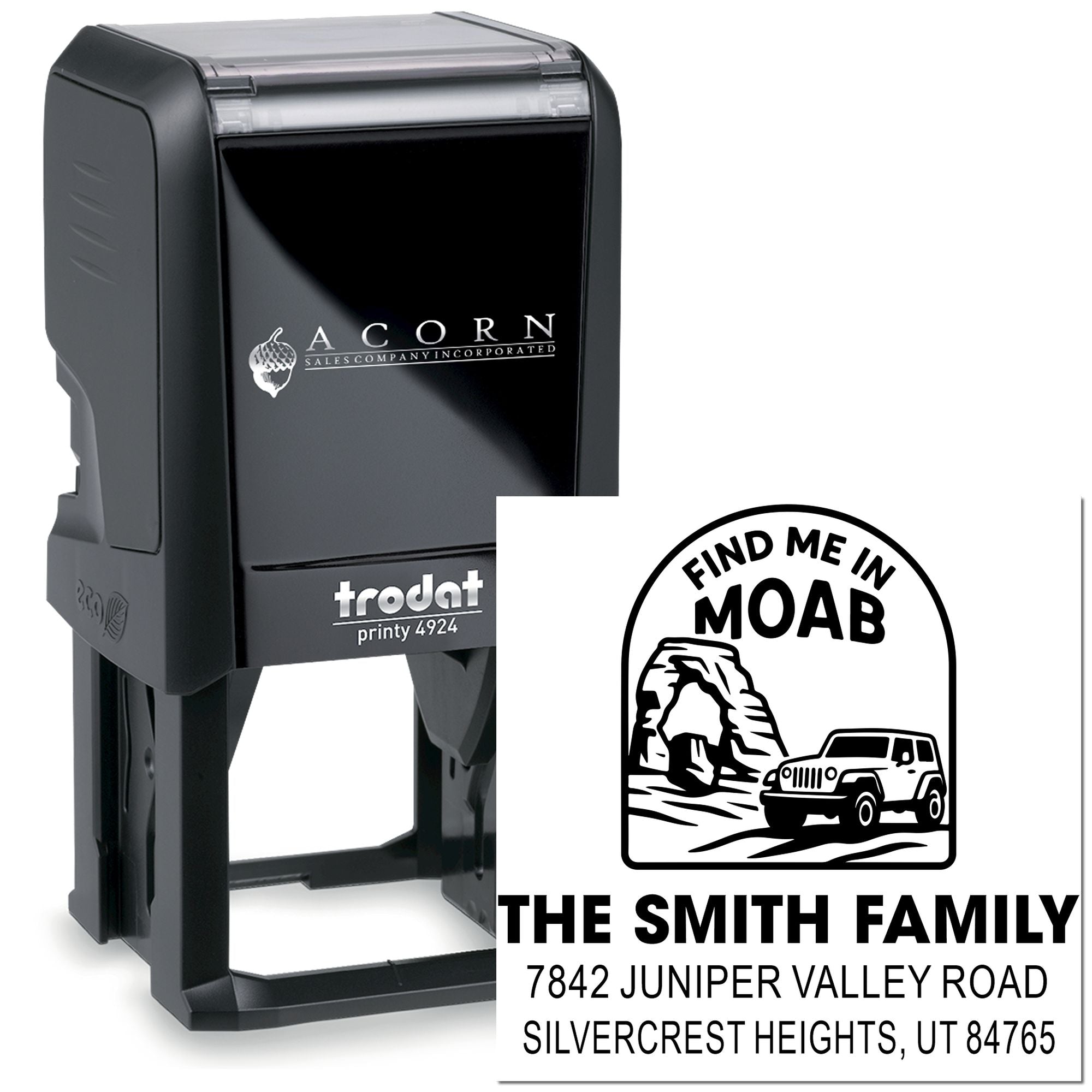 Personalized self-inking rubber address stamp with Moab travel design and The Smith Family return mailing address