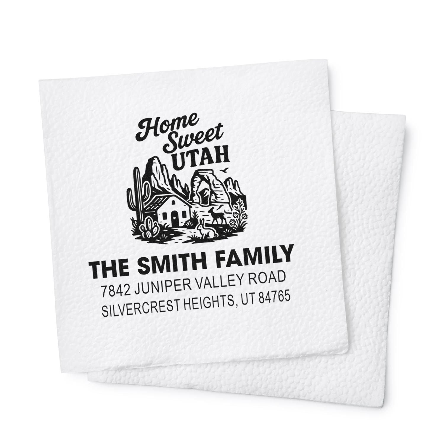 Personalized return address rubber stamp for napkins featuring Home Sweet Utah, family name, and Utah desert scene.