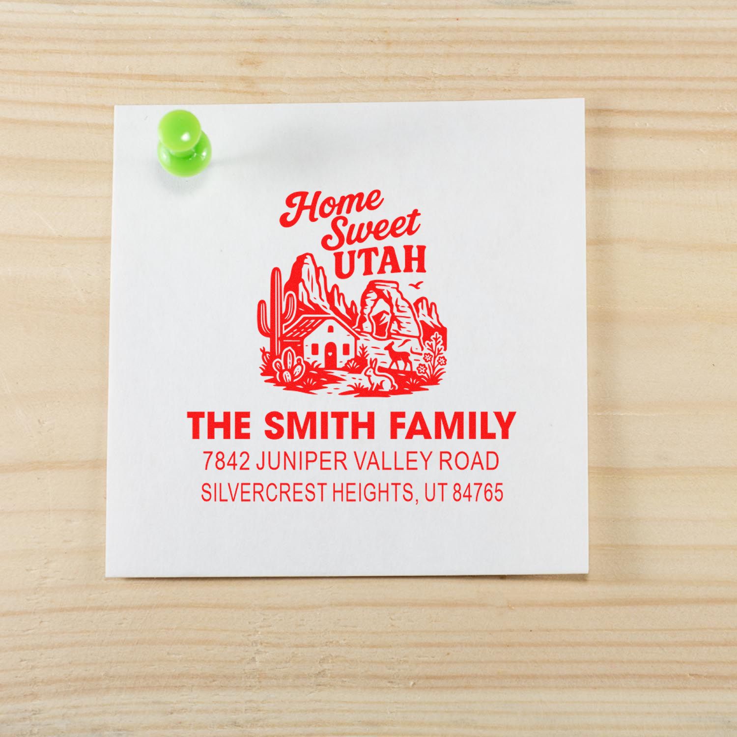 Custom return address rubber stamp for The Smith Family featuring a Home Sweet Utah design and full address in red ink.