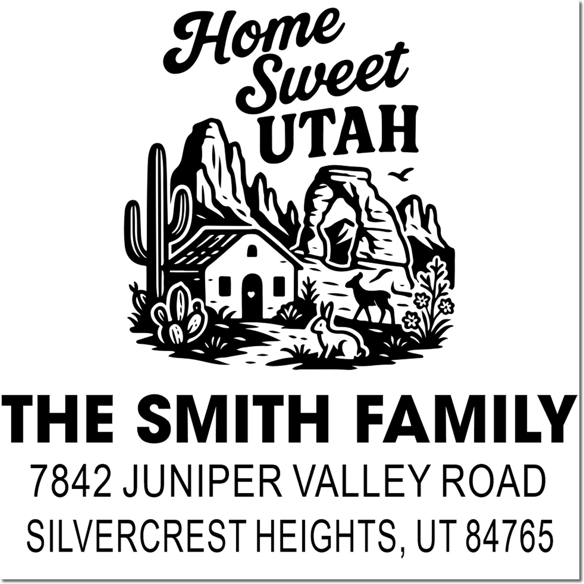 Personalized Utah home address rubber stamp with desert scene, family name, and return mailing address.