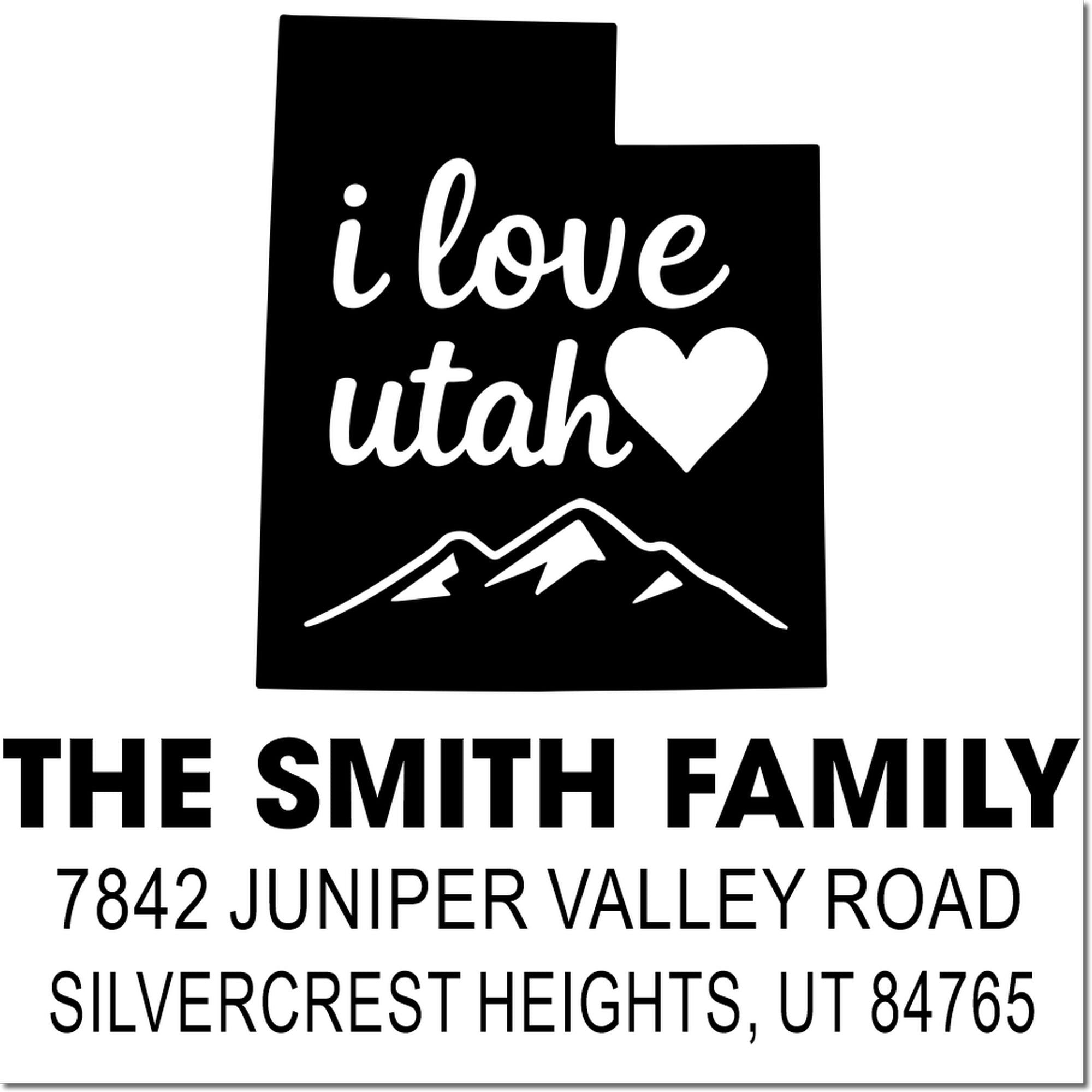 Custom rubber address stamp with Utah mountain design, Smith family name, and personalized Utah mailing address.