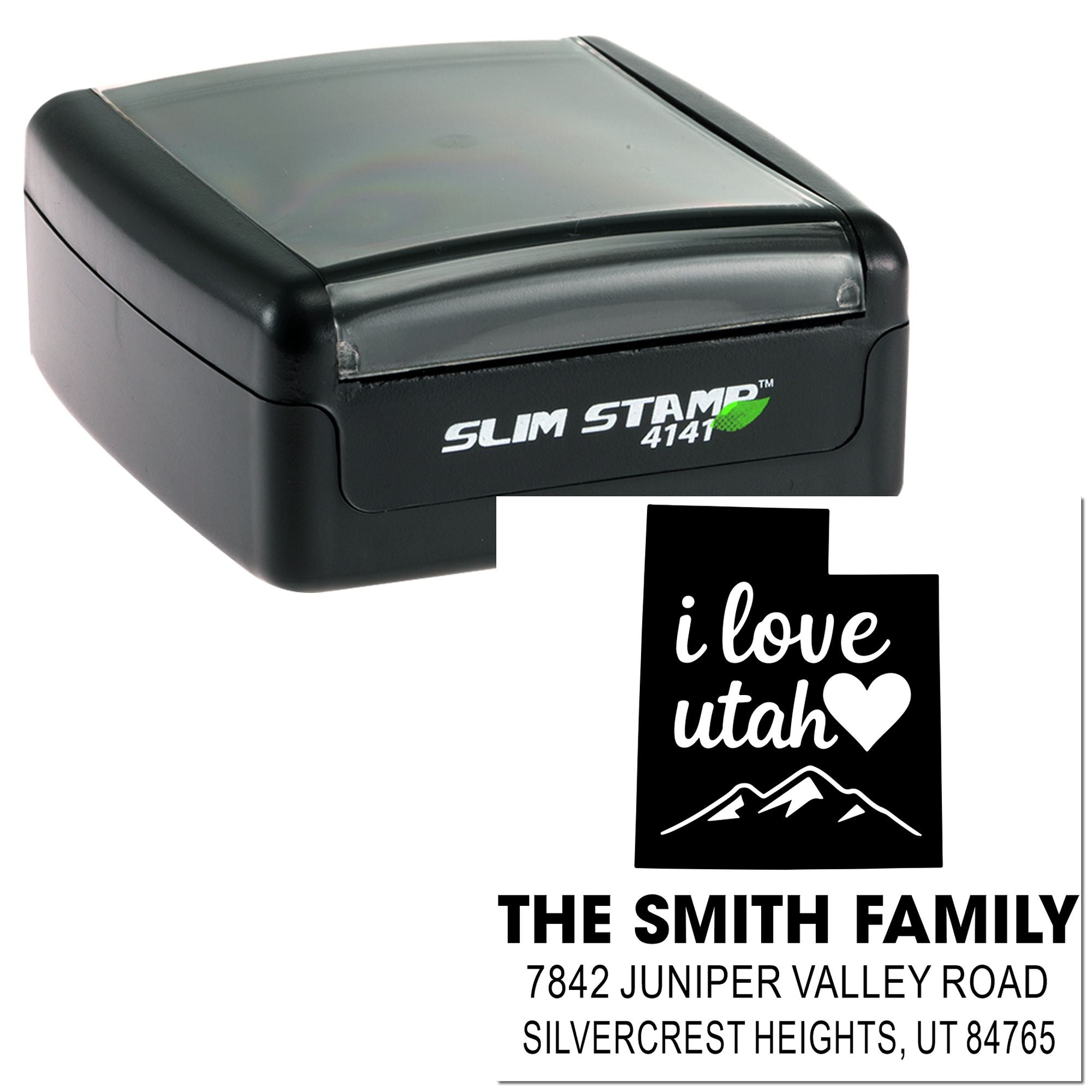 Personalized return address rubber stamp with Utah design sample and Smith family mailing address.