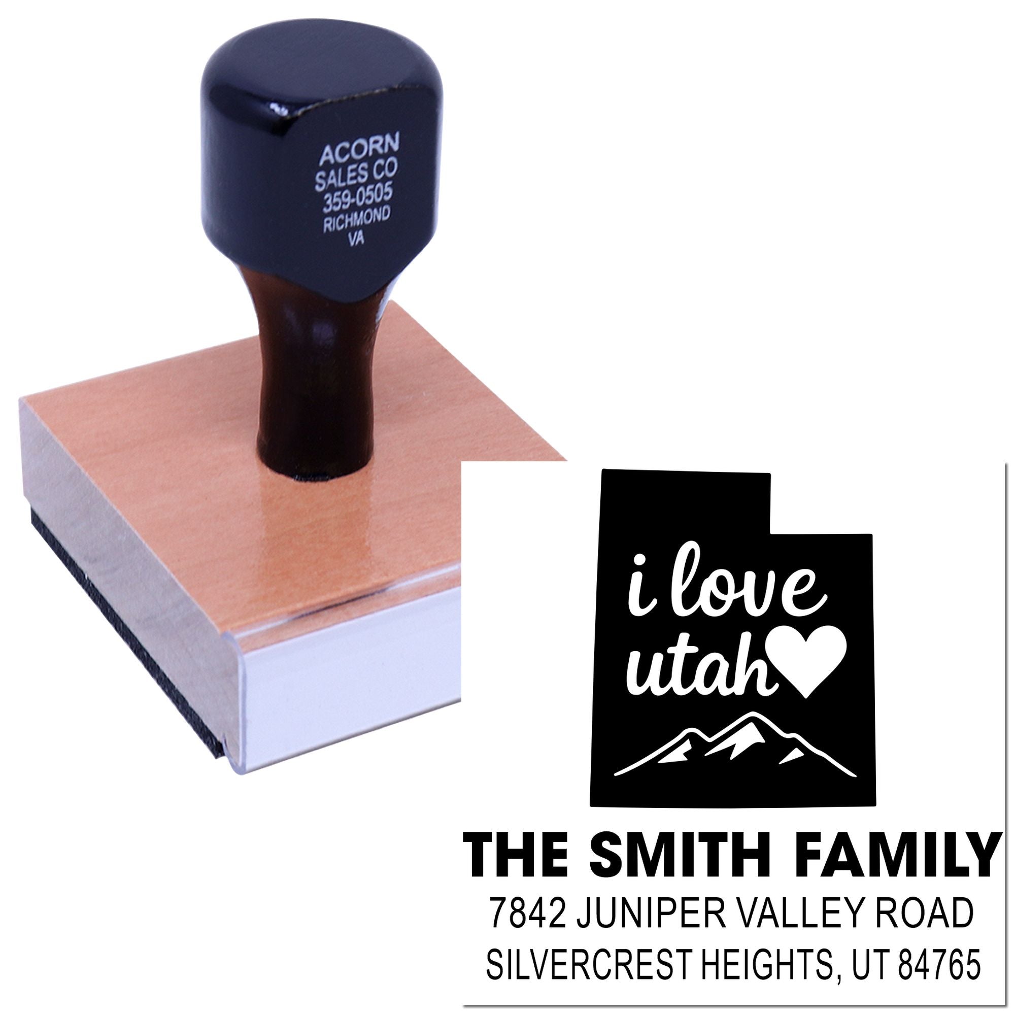 Personalized Utah return address rubber stamp with I love Utah design, family name, and mailing address.
