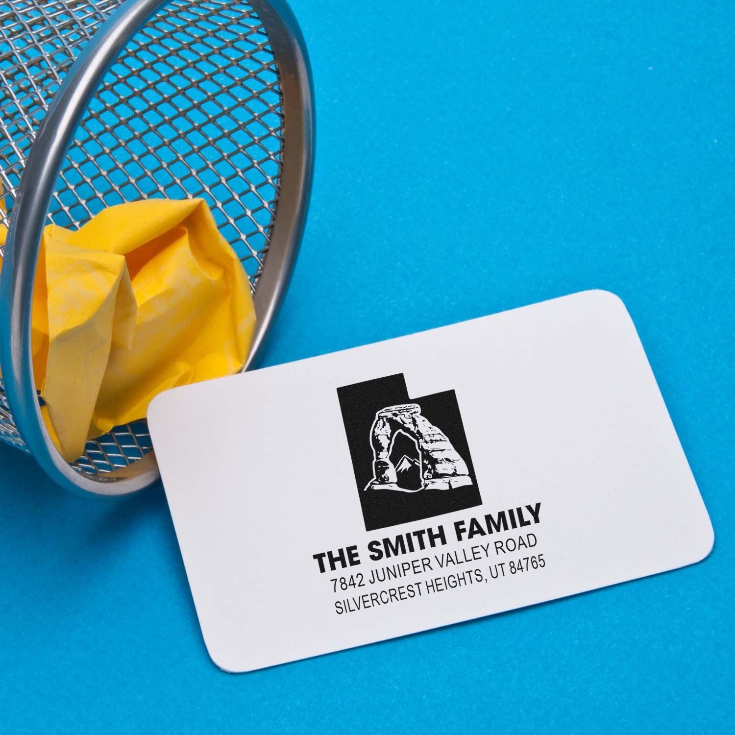 Custom family return address rubber stamp sample featuring The Smith Family and a personalized home address.