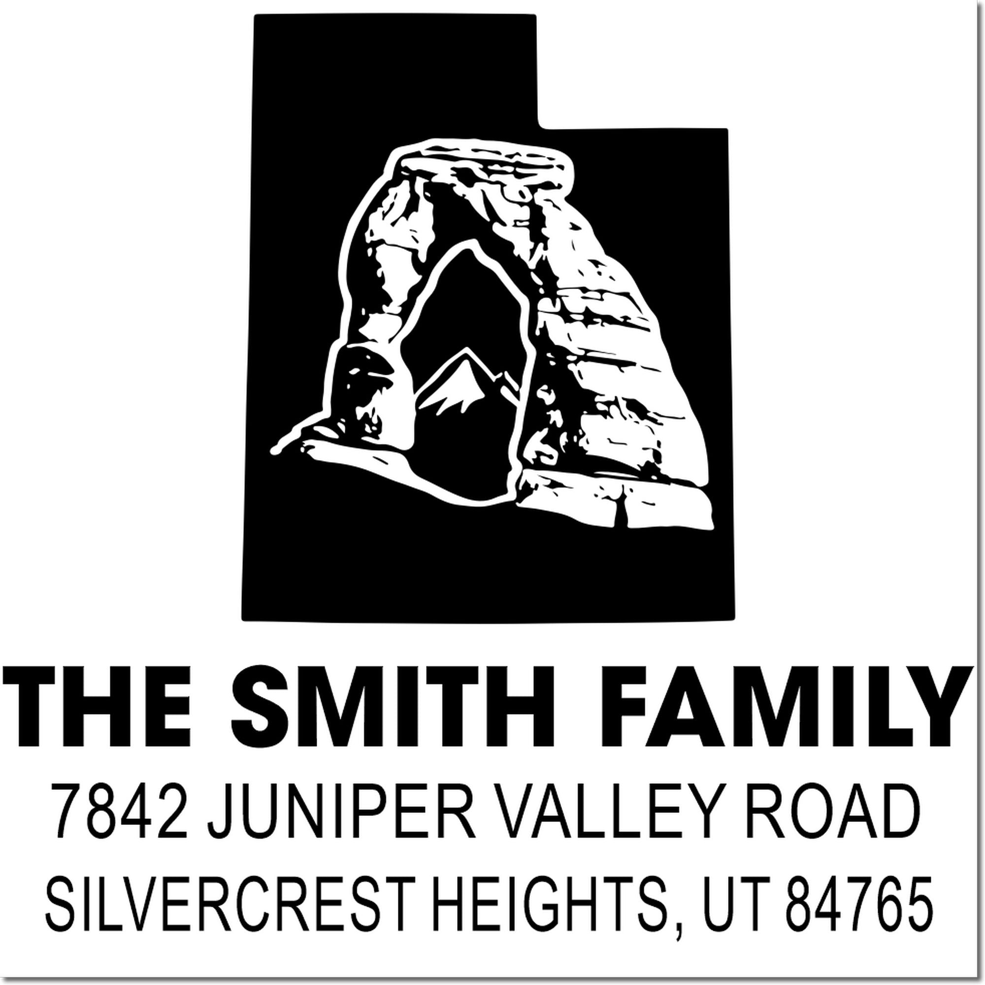 Custom Smith Family return address rubber stamp with mountain logo, Juniper Valley Road, Silvercrest Heights, UT 84765.
