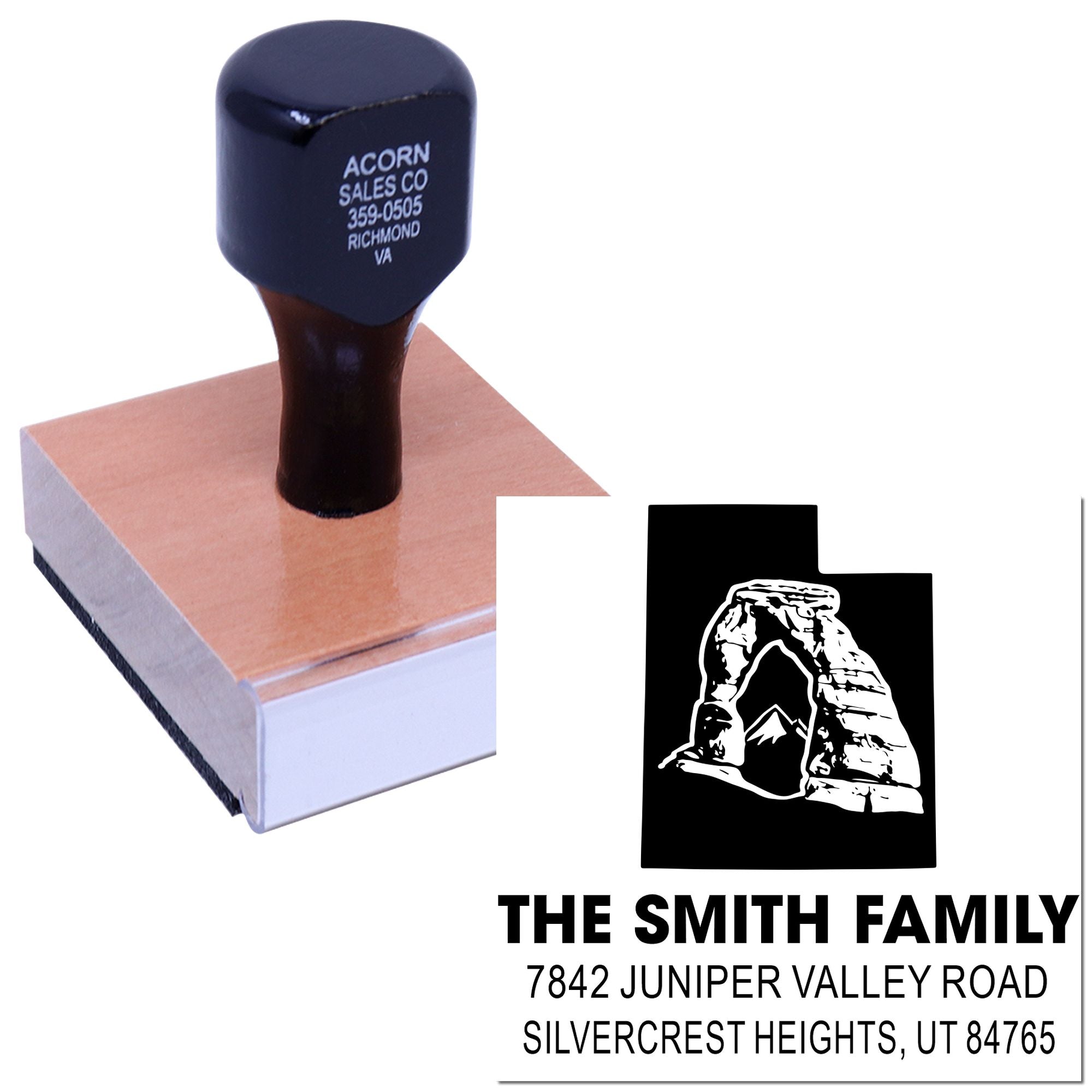 Personalized return address rubber stamp with family logo for custom name and address imprint