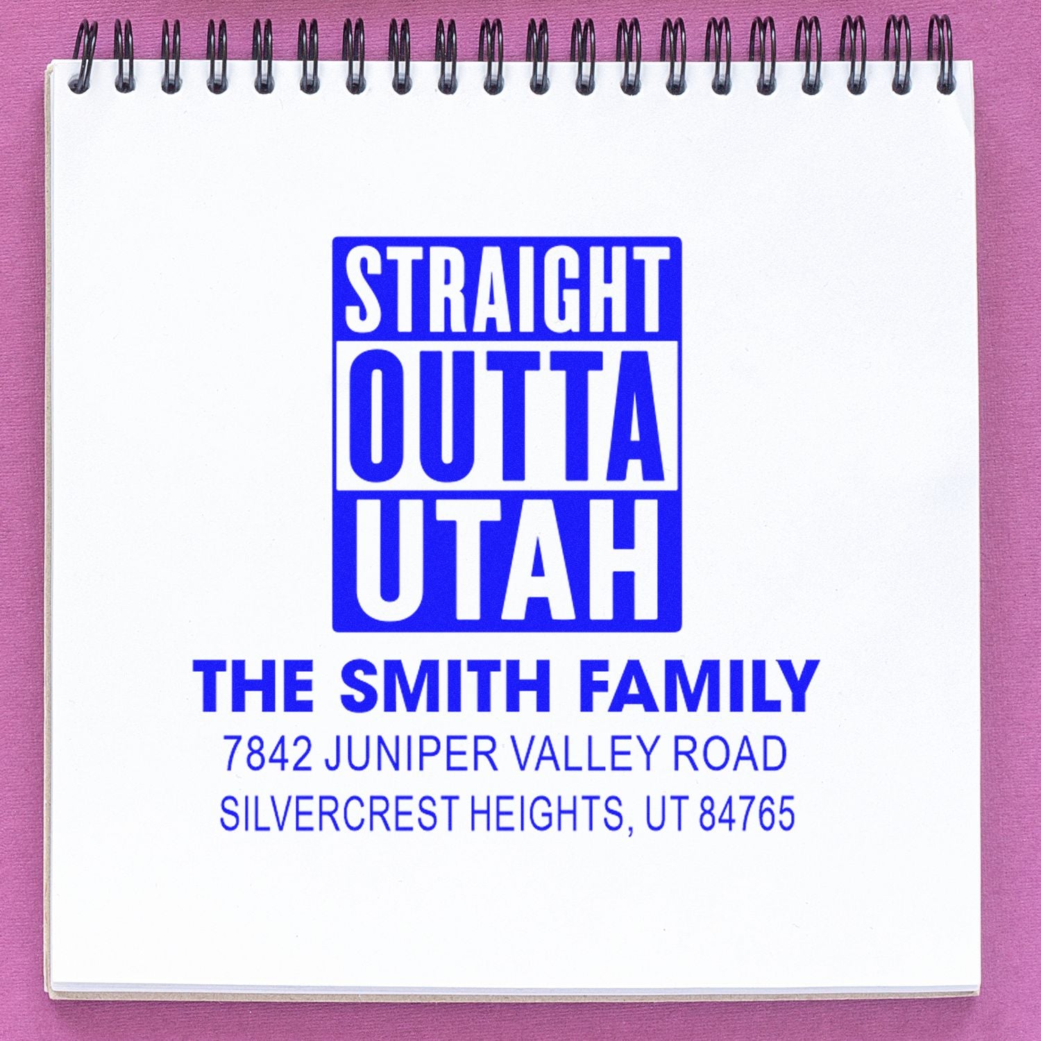 Custom address rubber stamp with Straight Outta design for The Smith Family, personalized return address in Silvercrest Heights, UT.