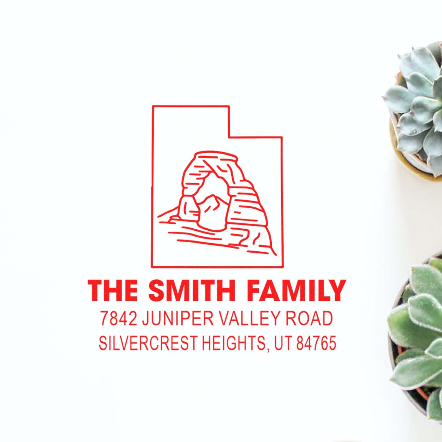 Custom family address rubber stamp with Utah state outline for The Smith Family, 7842 Juniper Valley Road, Silvercrest Heights, UT.
