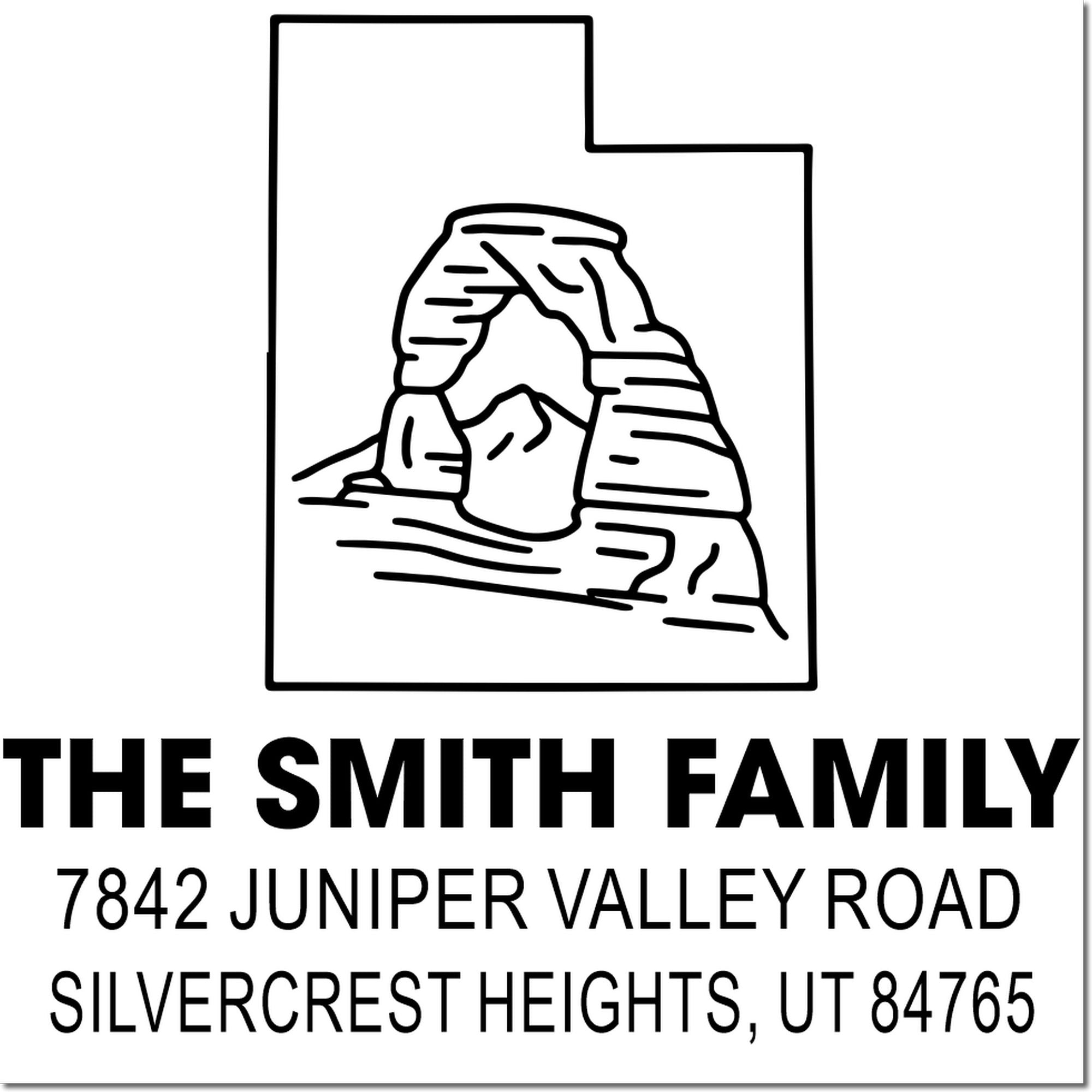 Custom Utah return address rubber stamp for The Smith Family, 7842 Juniper Valley Road, Silvercrest Heights, UT 84765.