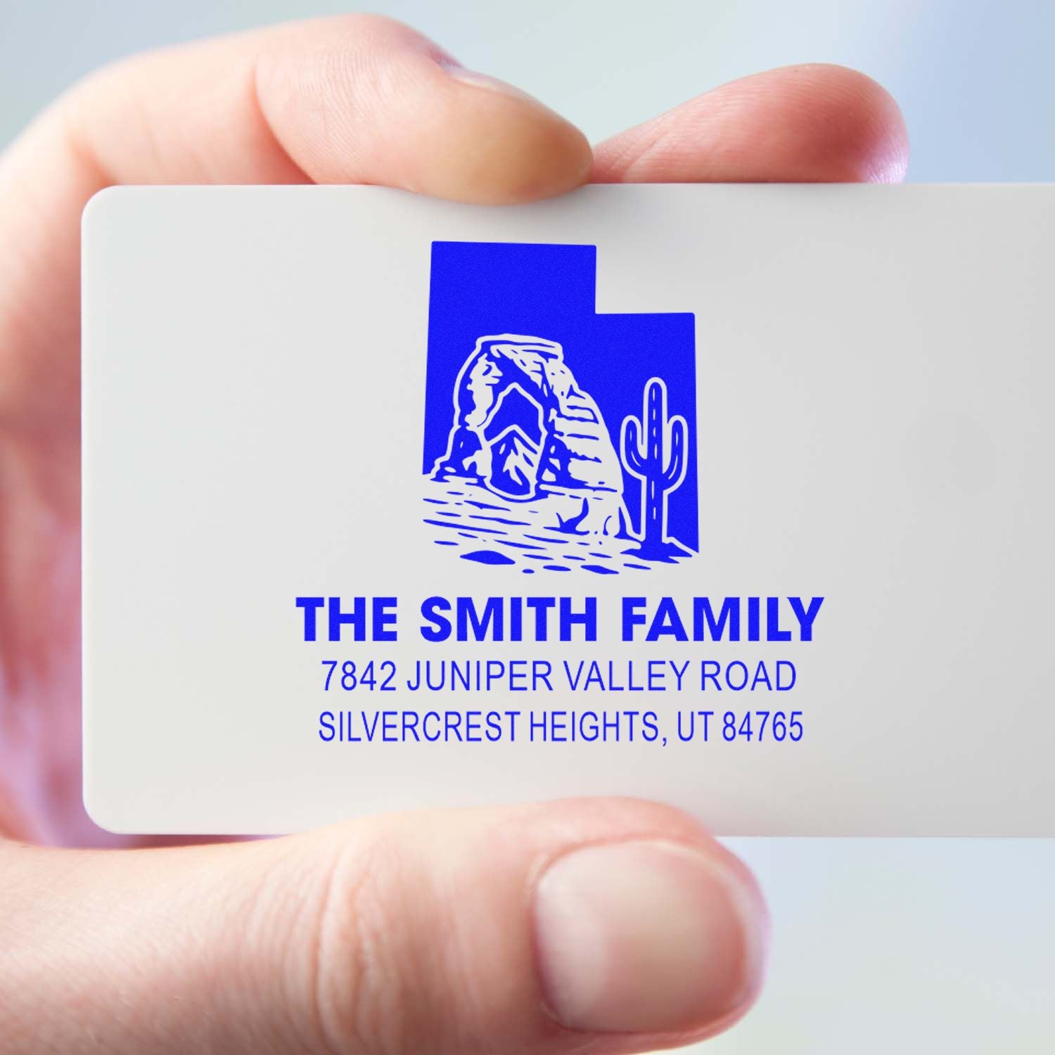 Personalized return address rubber stamp with desert cactus design for The Smith Family in Silvercrest Heights, UT.