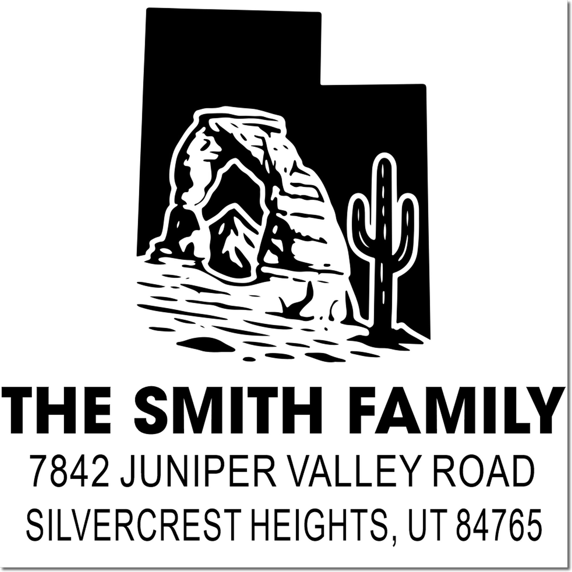 Custom Smith family return address stamp with desert canyon and cactus, Juniper Valley Road, Silvercrest Heights, UT 84765