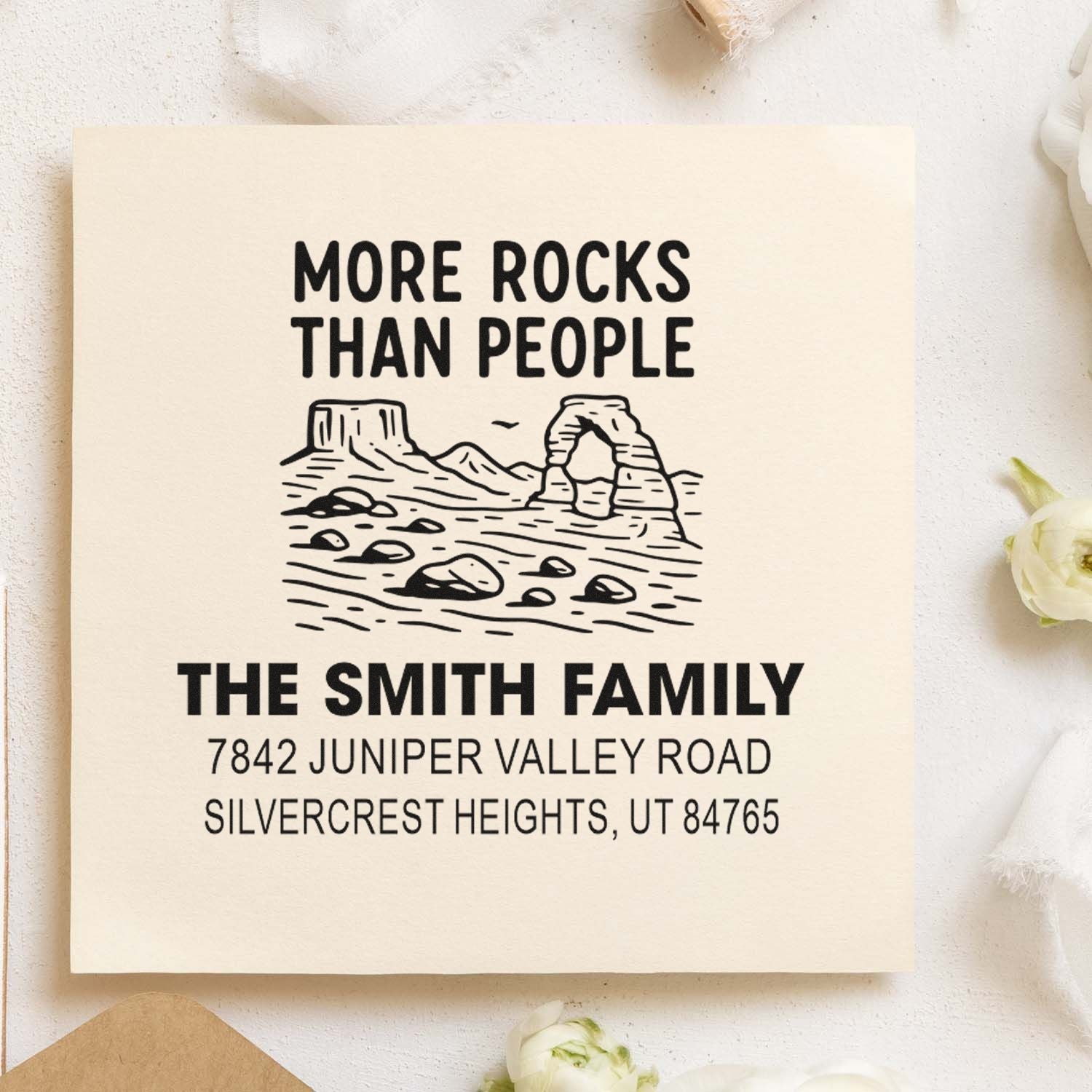 Custom family return address rubber stamp with desert art and More Rocks Than People text for The Smith Family.