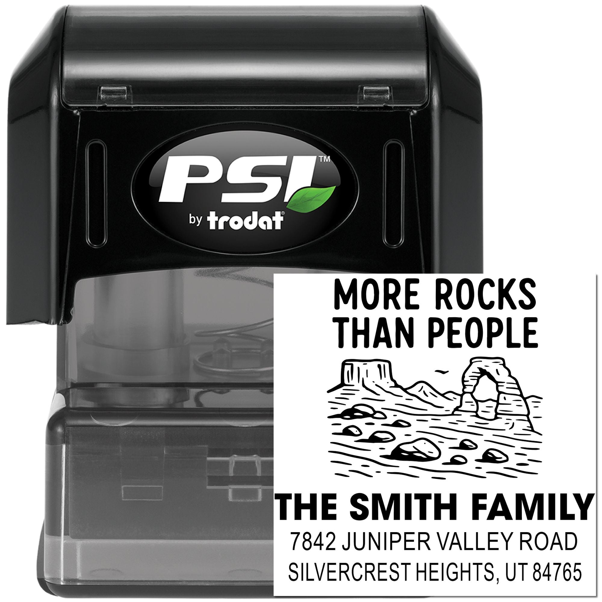 Custom self-inking rubber stamp by PSI by Trodat with More Rocks Than People desert address design for the Smith family.