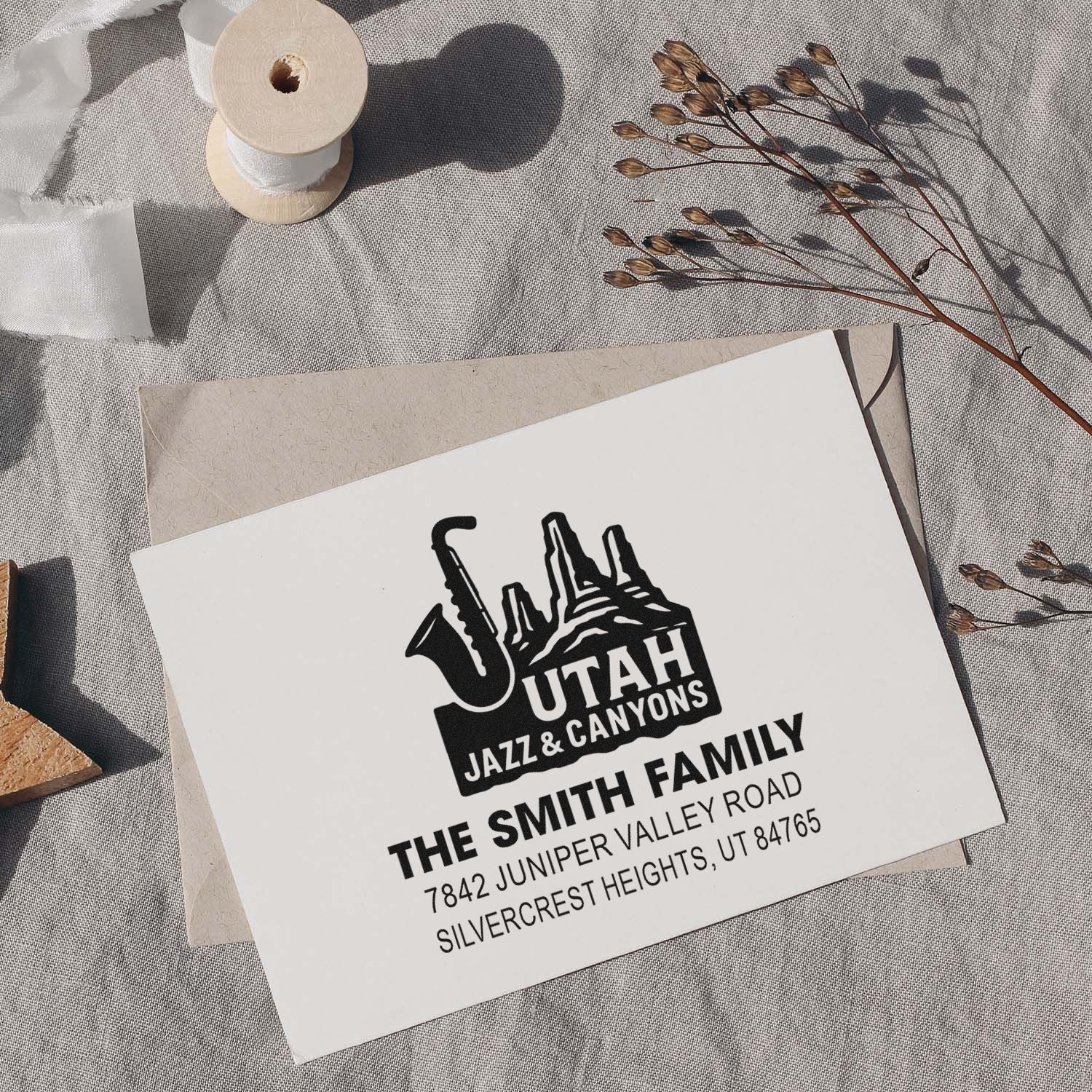 Custom rubber stamp return address with Utah Jazz & Canyons design for The Smith Family, Silvercrest Heights, UT.