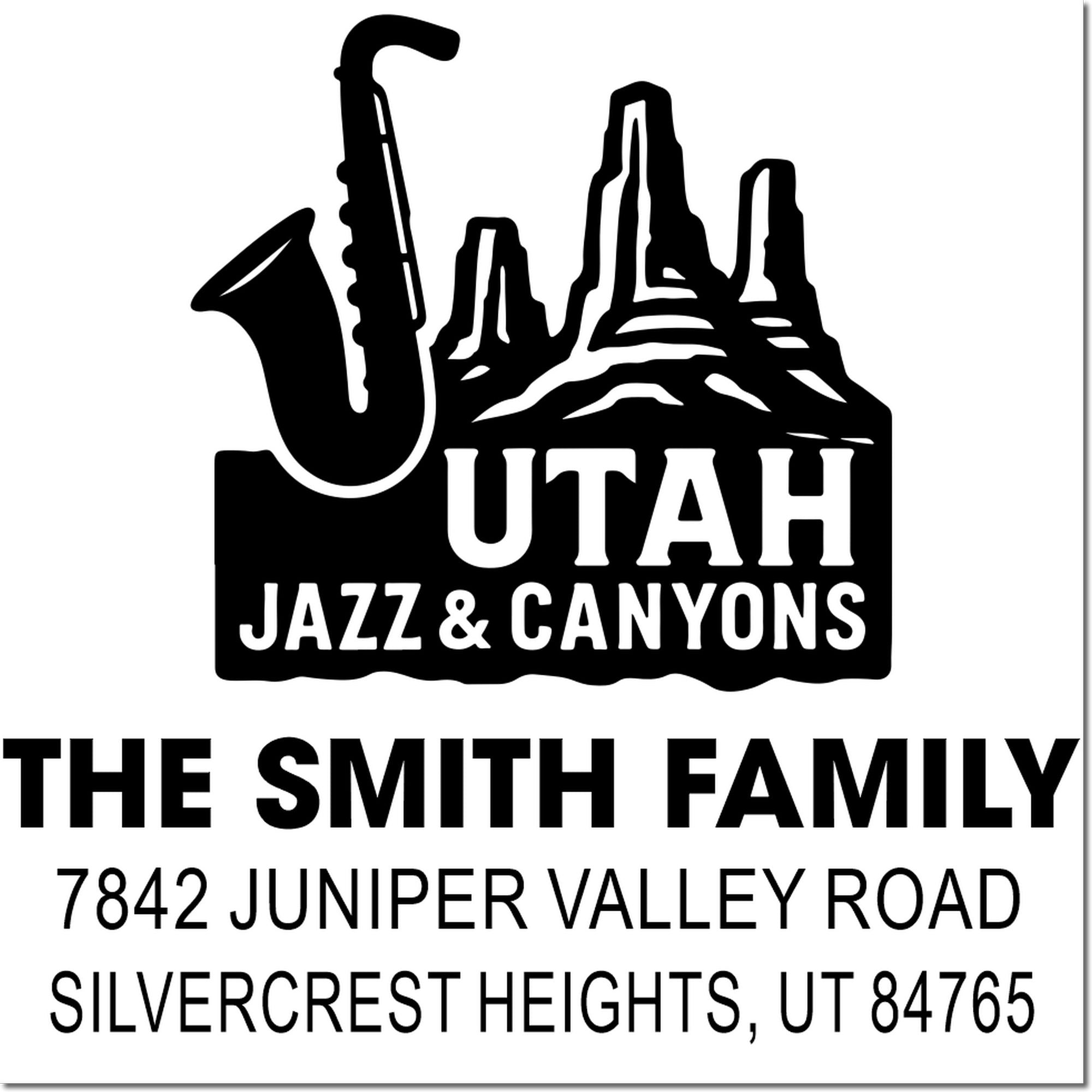 Custom Utah Jazz & Canyons address rubber stamp for The Smith Family, Silvercrest Heights, UT 84765.