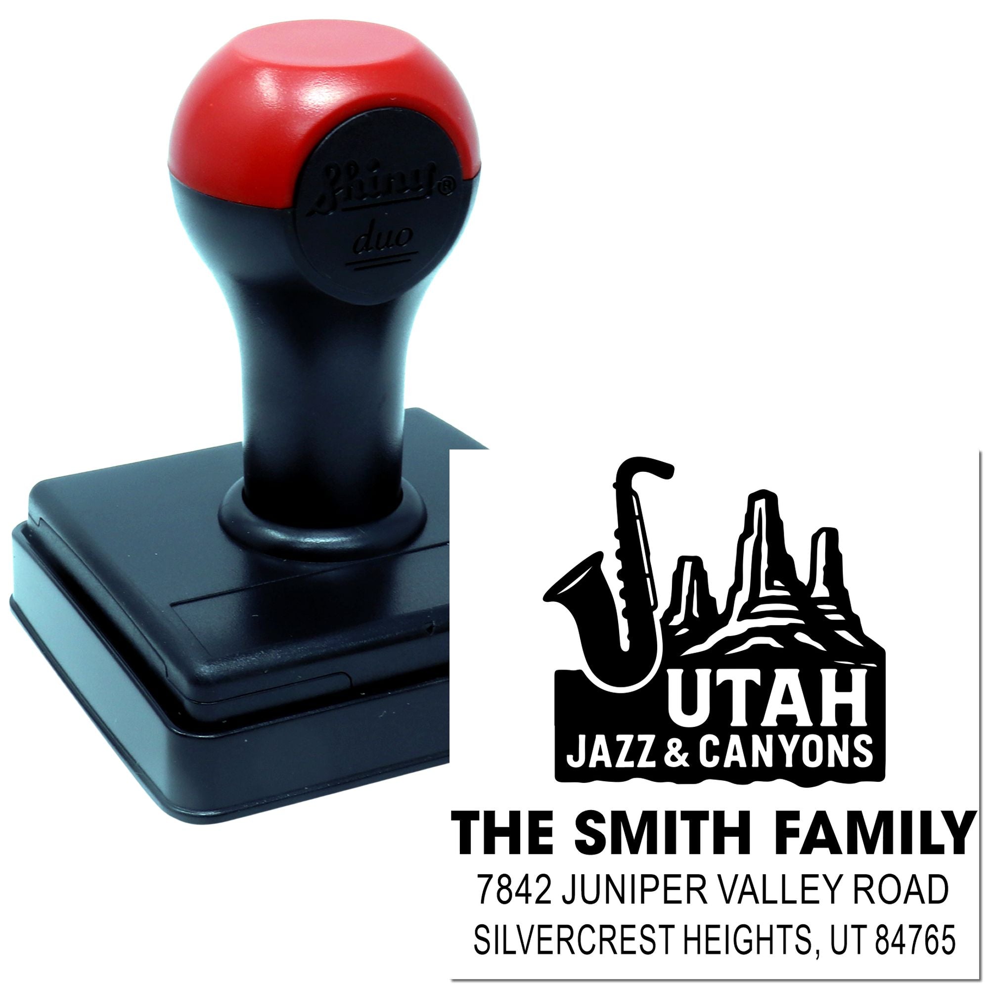 Custom self-inking rubber stamp with Utah Jazz & Canyons return address for The Smith Family.