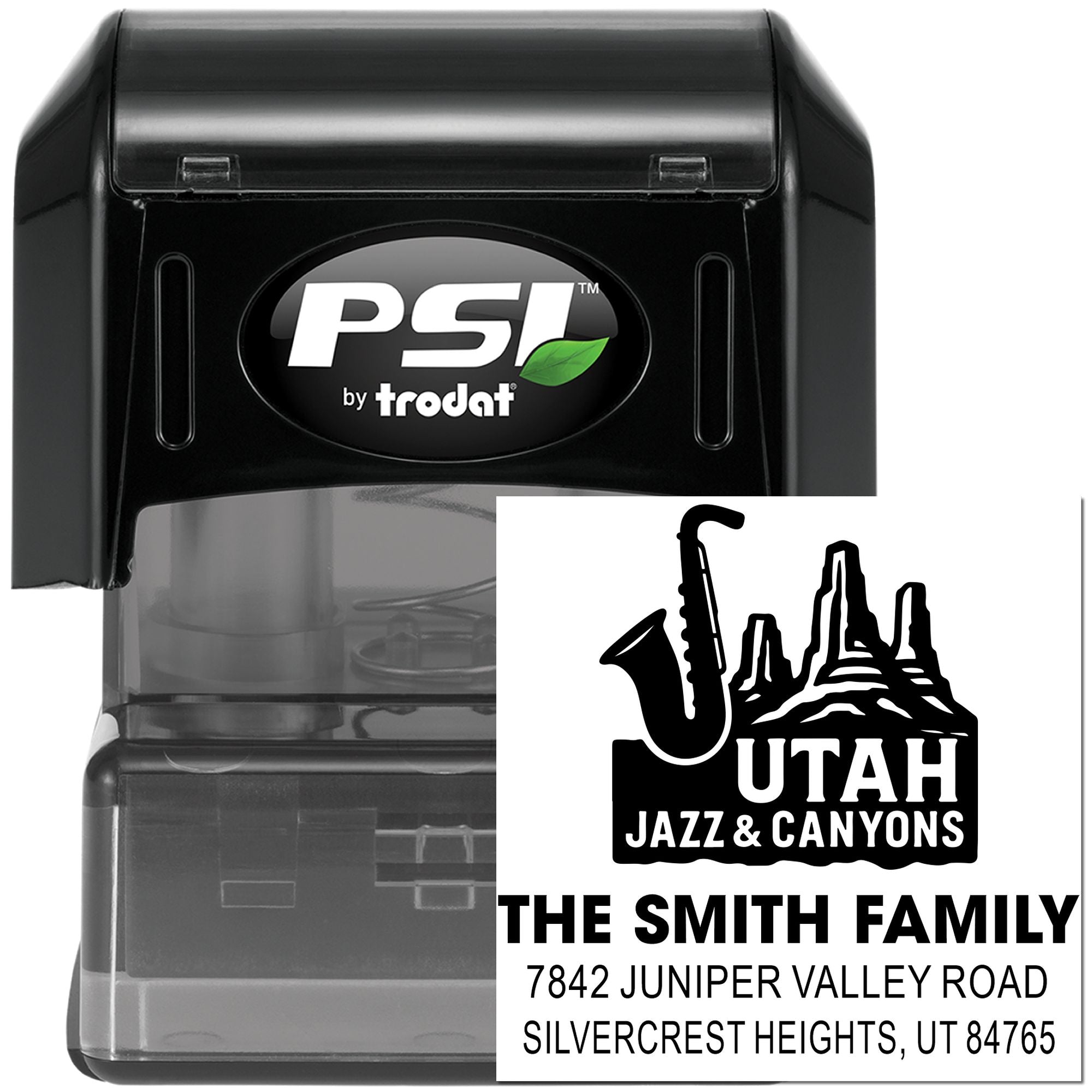 Custom PSI by Trodat self-inking rubber stamp featuring Utah Jazz & Canyons design and The Smith Family address.